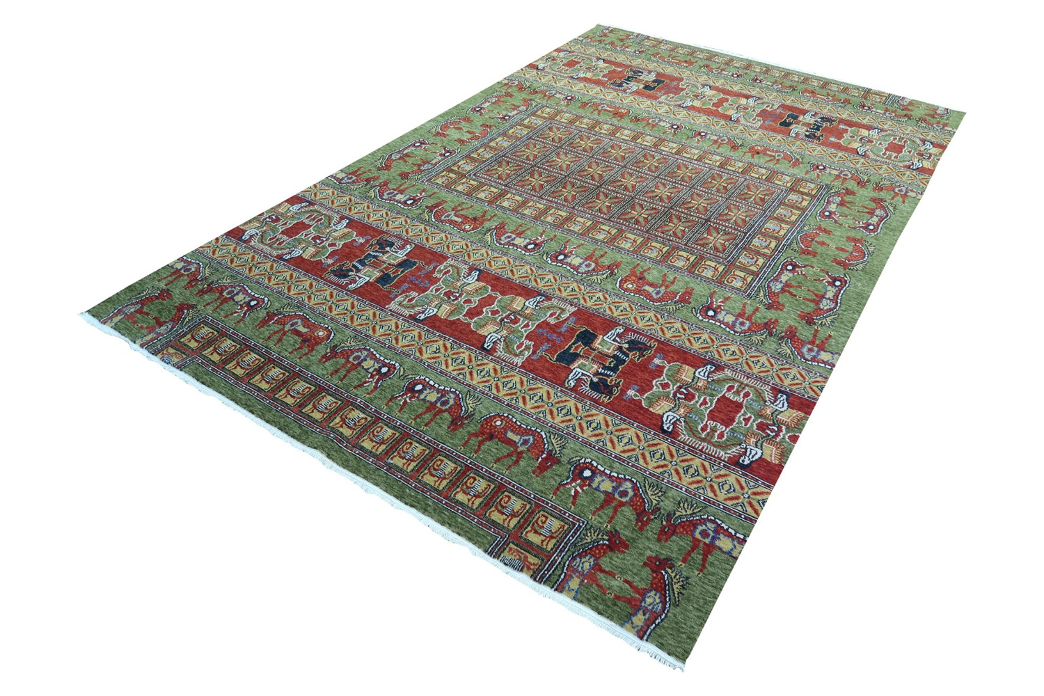 Gordian Rugs Pazyryk Modern Rug 2 - Green/Red/Beige, 4" x 6"