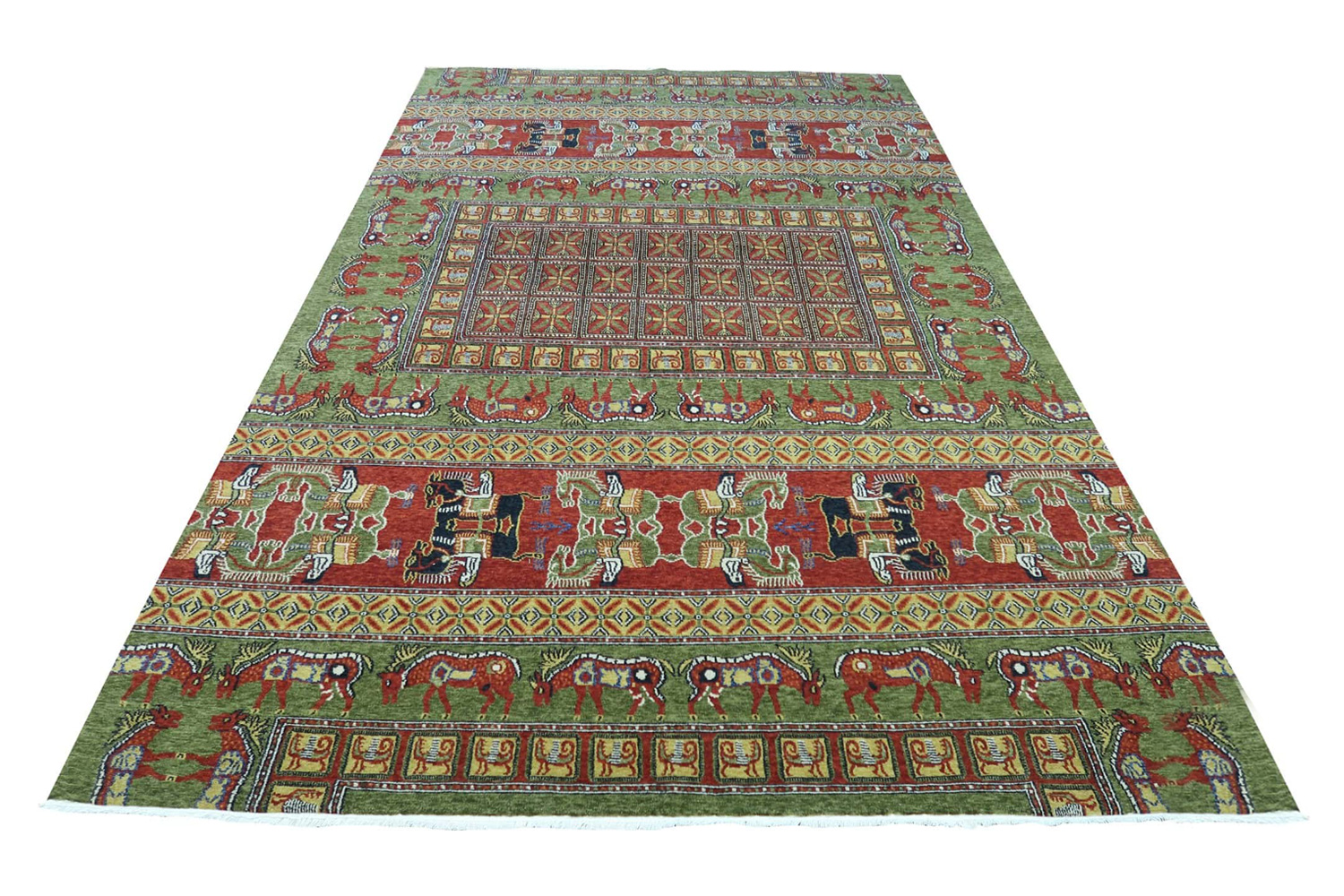 Gordian Rugs Pazyryk Modern Rug 2 - Green/Red/Beige, 4" x 6"