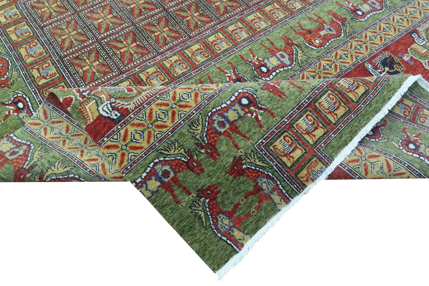 Gordian Rugs Pazyryk Modern Rug 2 - Green/Red/Beige, 4" x 6"