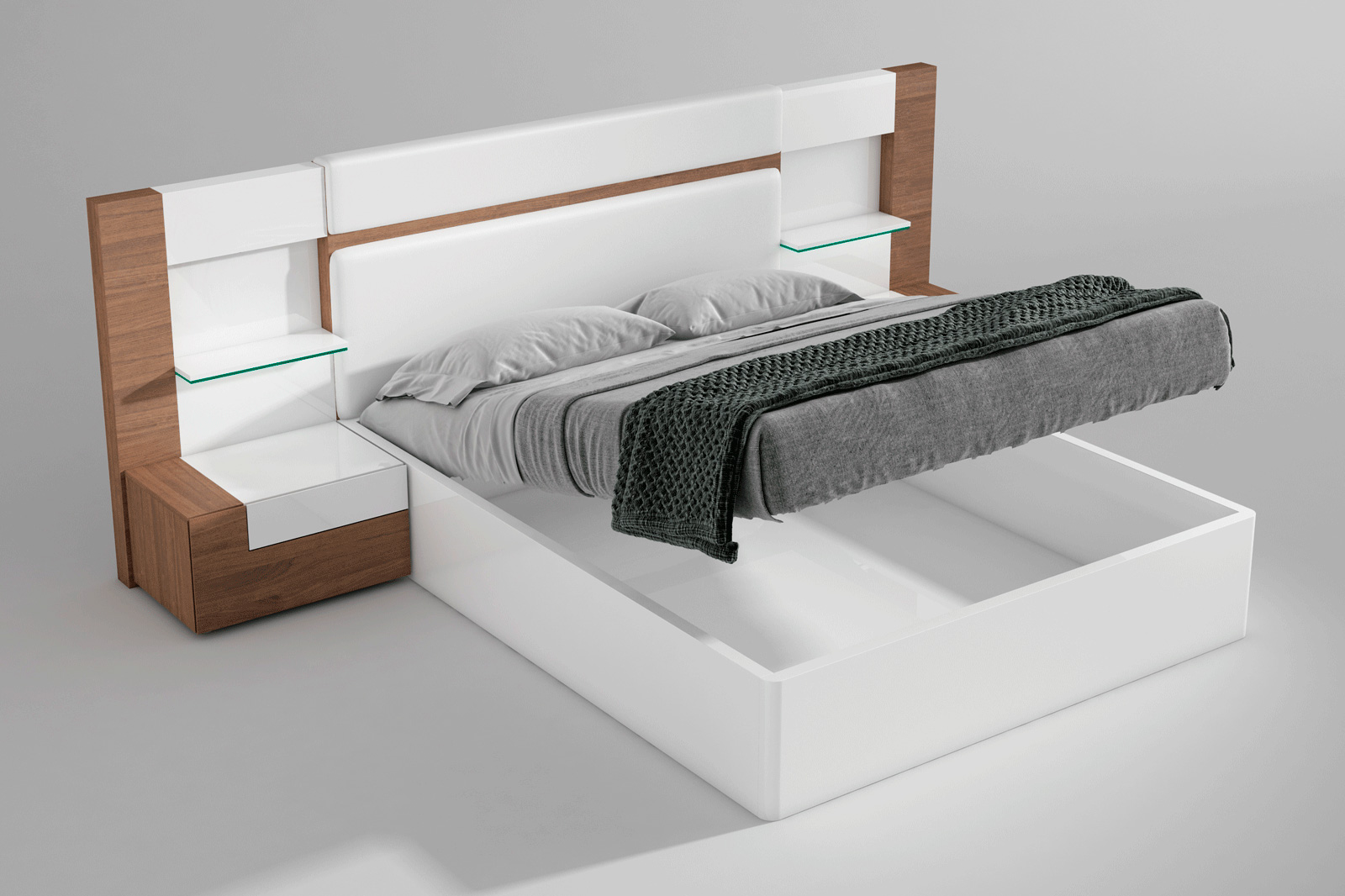 Garcia Sabate Mar Queen Size Bed with Storage - White High Gloss/Walnut