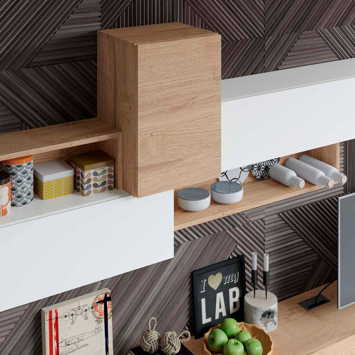 Garcia Sabate - Laurel Composition 2 TV Stand in Blanco Matt/Pizarra Porcelanico/Roble Montana