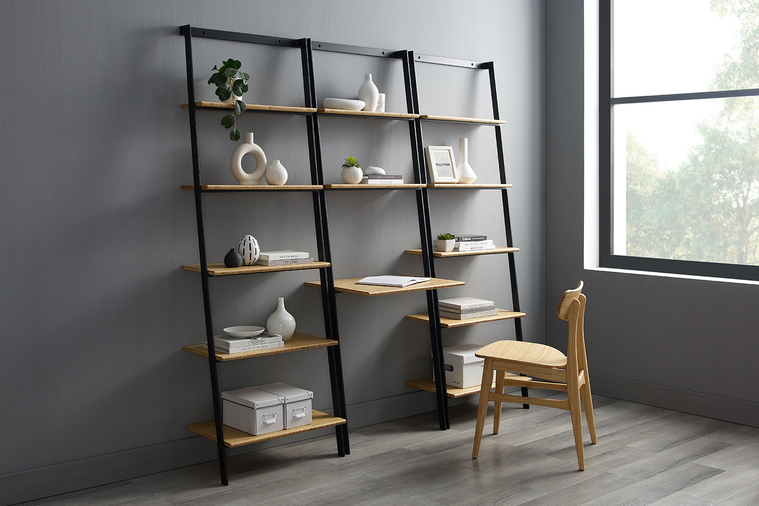 Greenington - Santa Cruz Leaning Shelf in Wheat, Solid Moso Bamboo/Metal