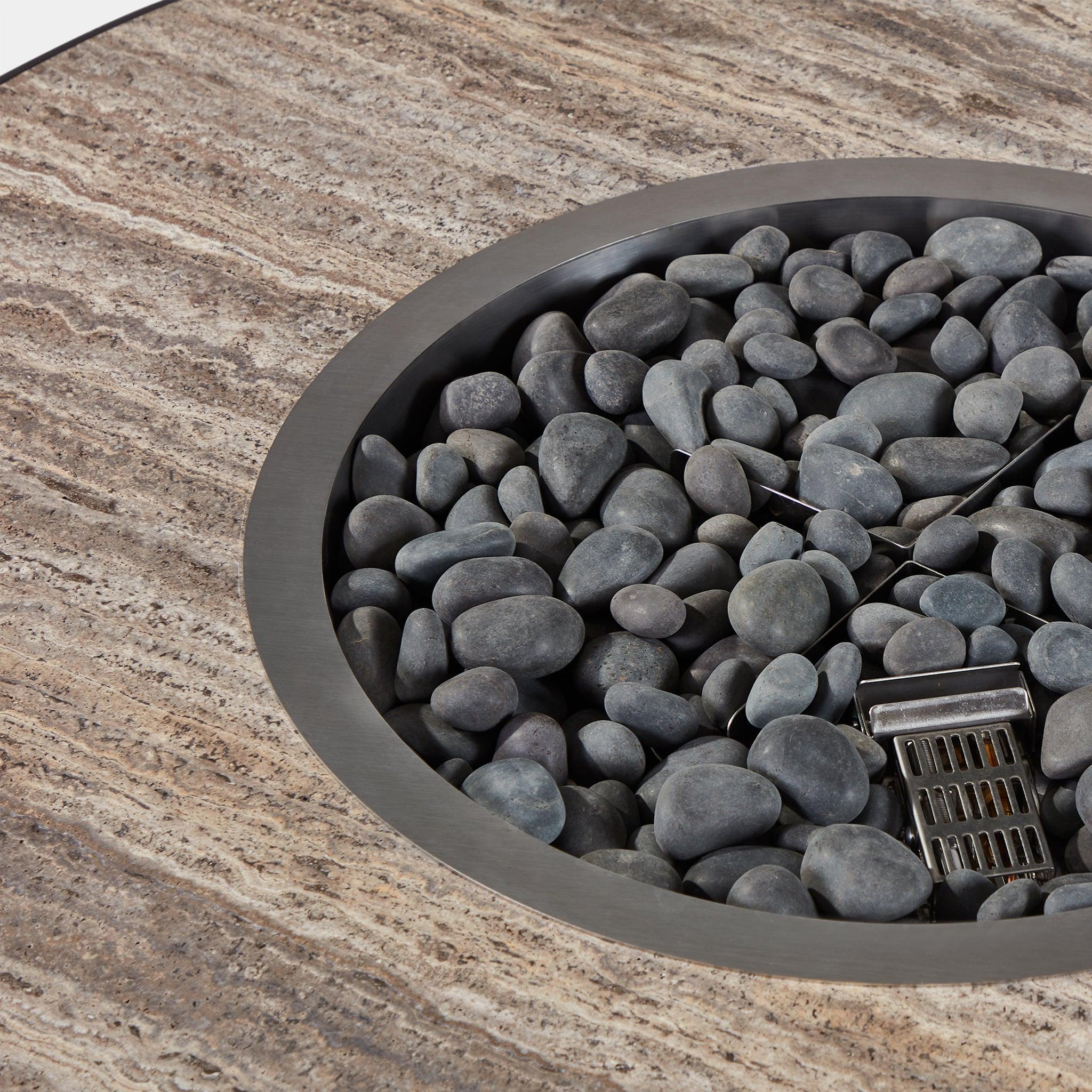 Harbour Antigua Round Fire Table - Aluminum Asteroid, Travertine Dark Gray