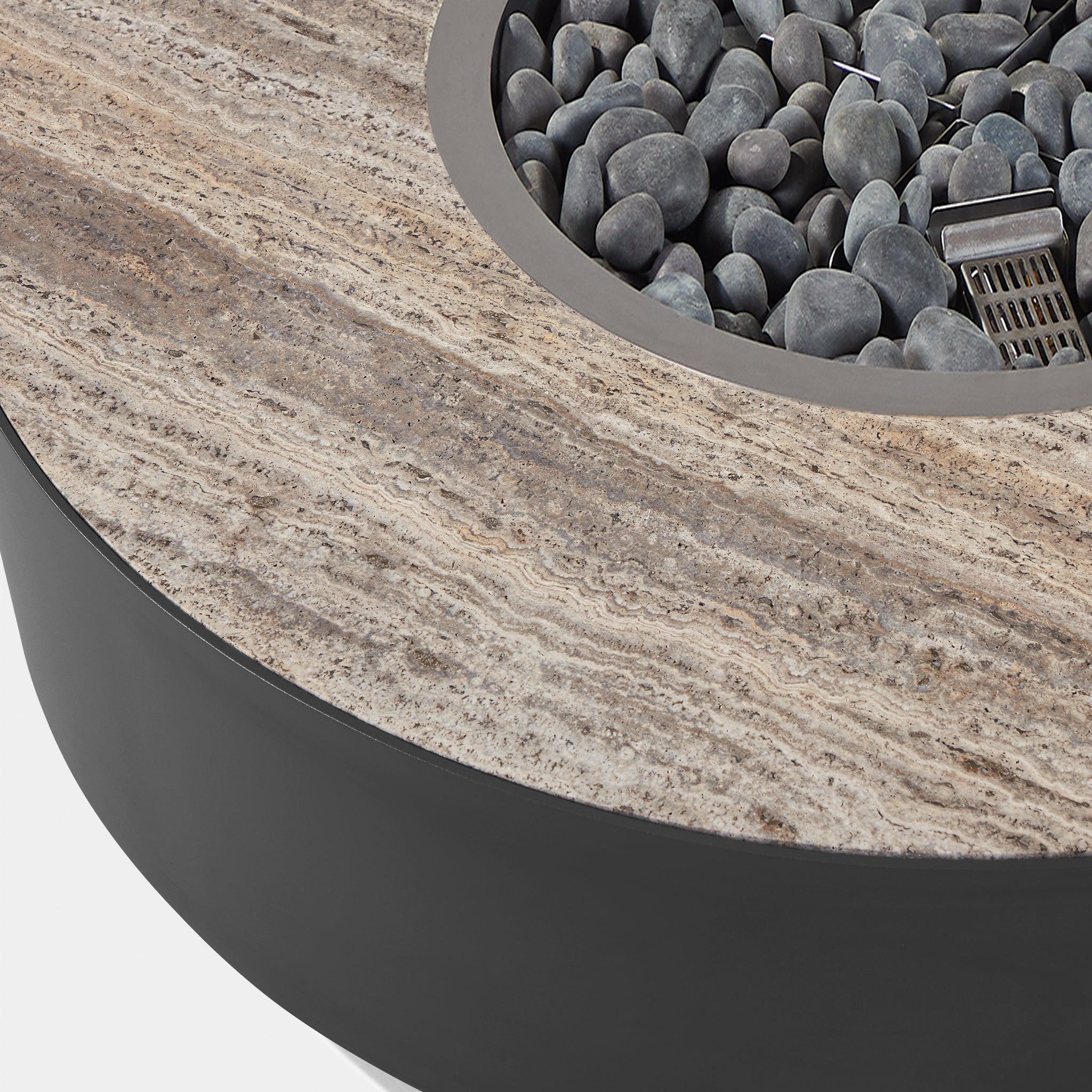 Harbour Antigua Round Fire Table - Aluminum Asteroid, Travertine Dark Gray