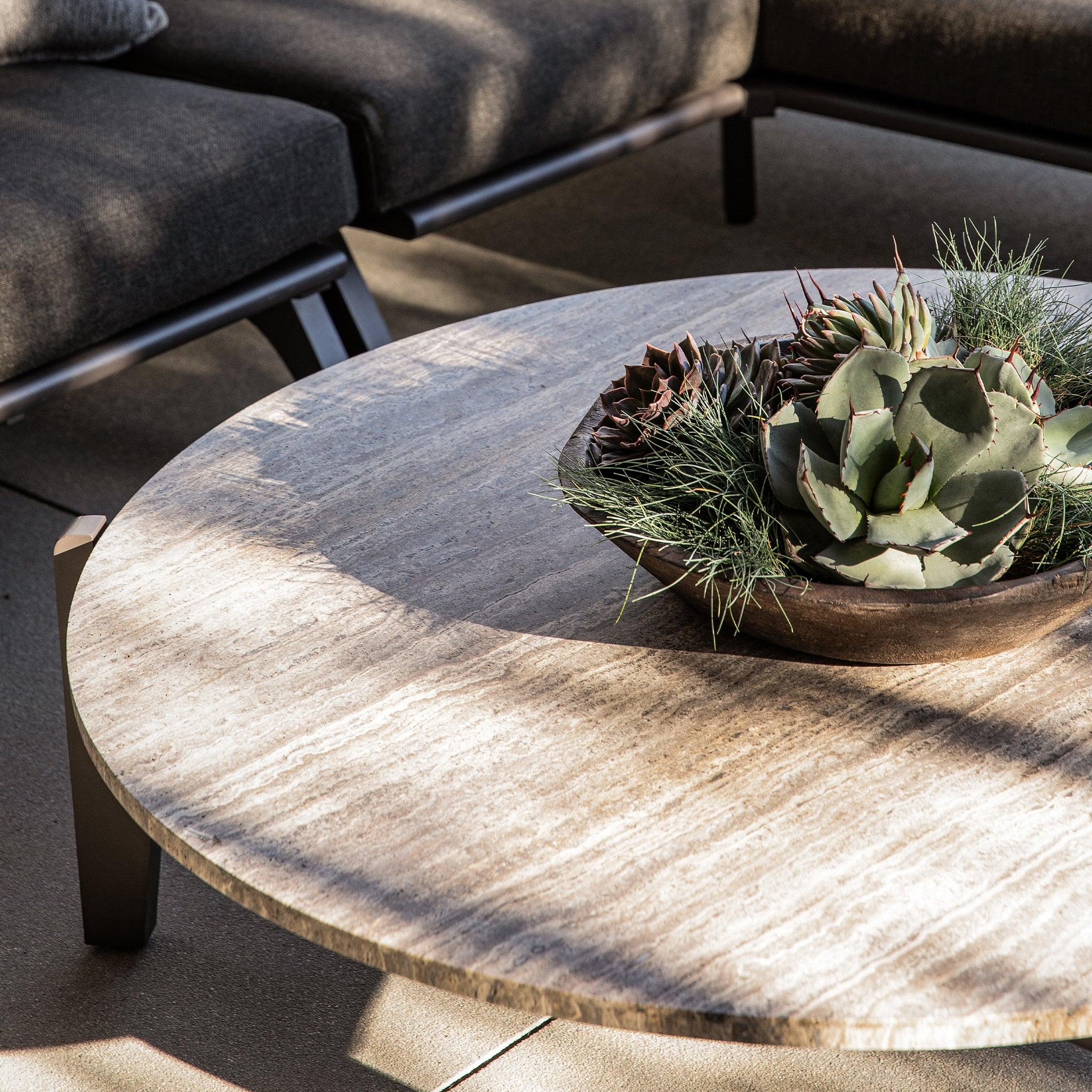 Harbour Mlb Aluminum Round Coffee Table - Aluminum Asteroid, Travertine Dark Gray