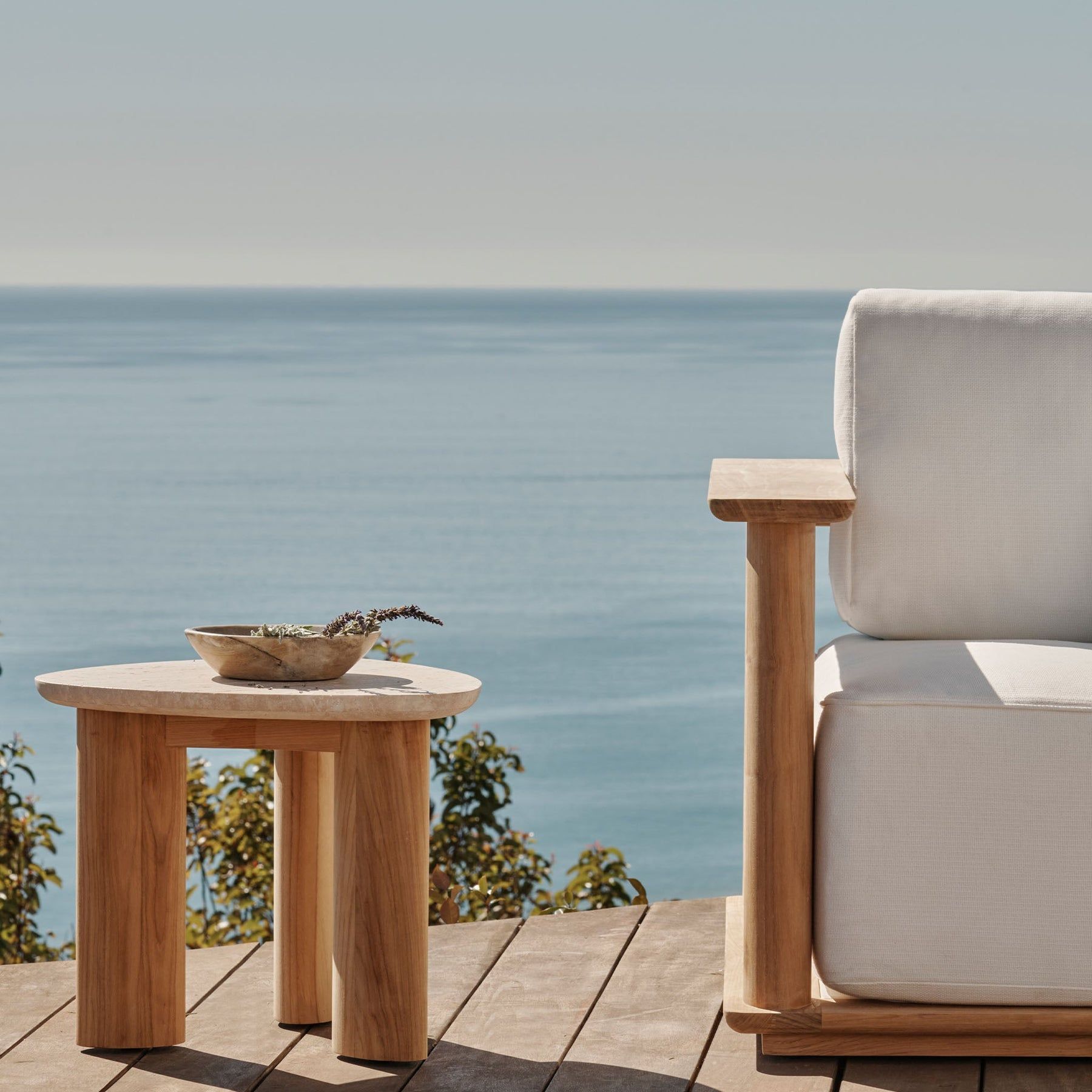 Harbour Newport Side Table - Teak Natural, Travertine Cream