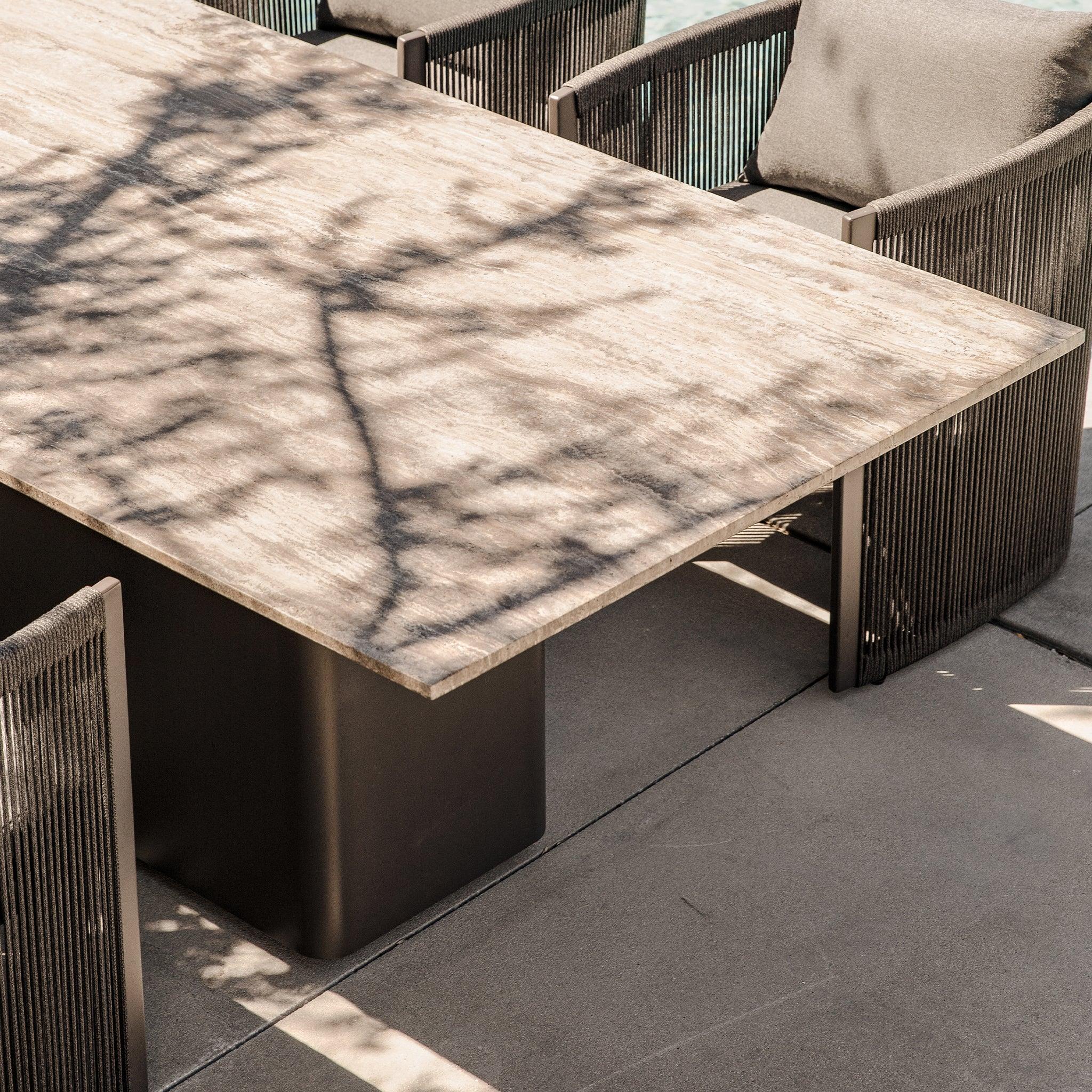 Harbour Santorini Outdoor Stone Rectangle Dining Table 108" - Aluminum Asteroid, Travertine Dark Gray