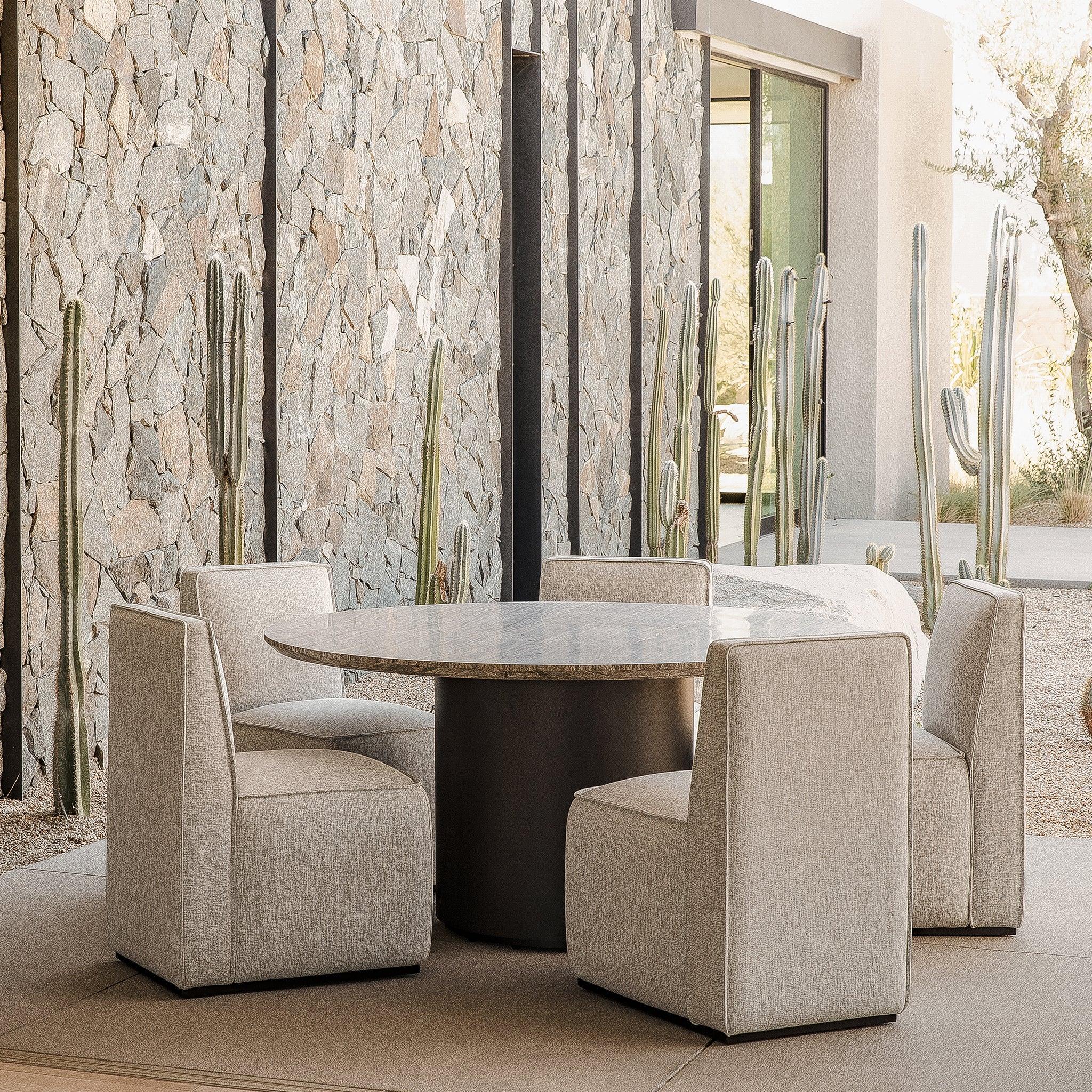 Harbour Santorini Outdoor Stone Round Dining Table 60" - Aluminum Asteroid, Travertine Dark Gray