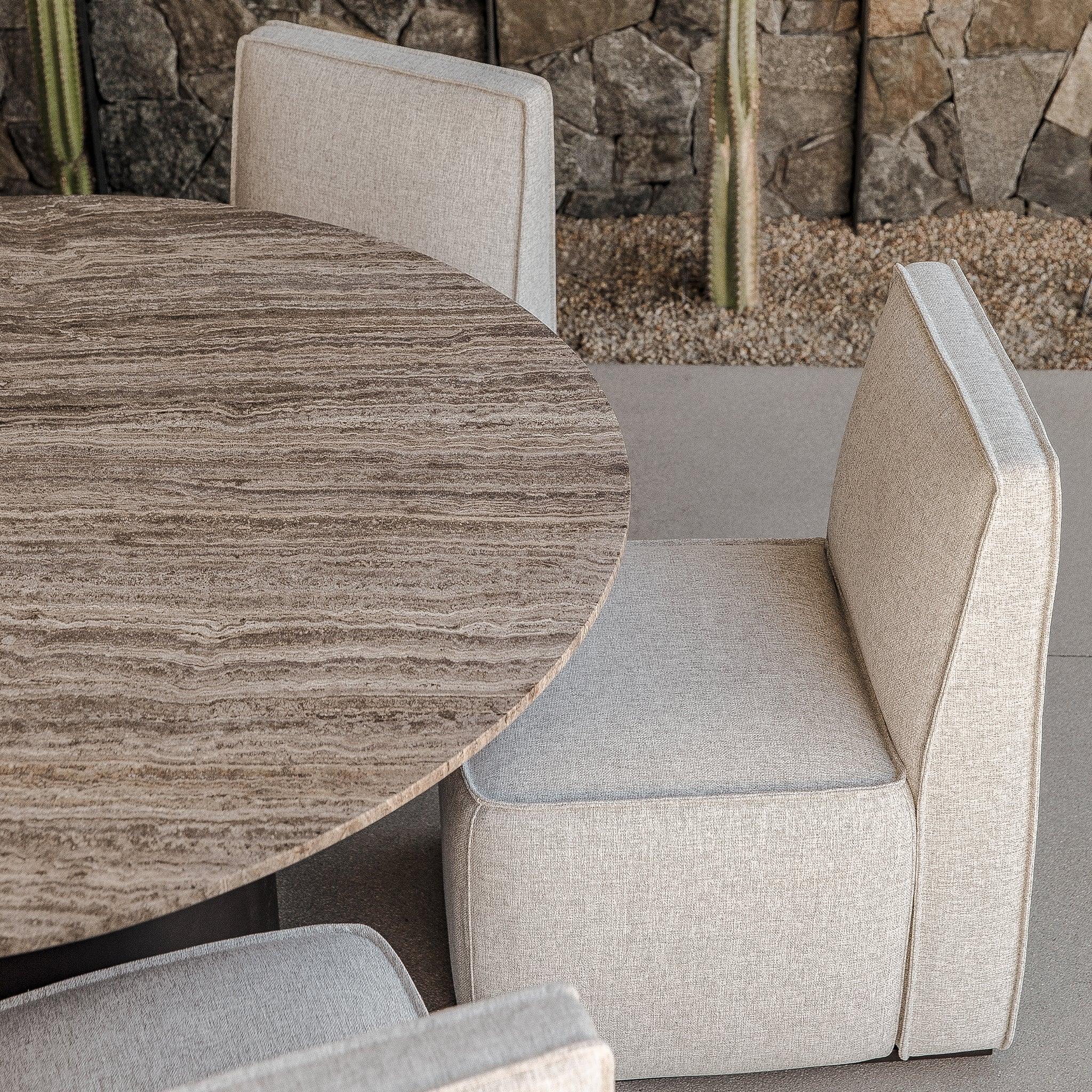 Harbour Santorini Outdoor Stone Round Dining Table 60" - Aluminum Asteroid, Travertine Dark Gray