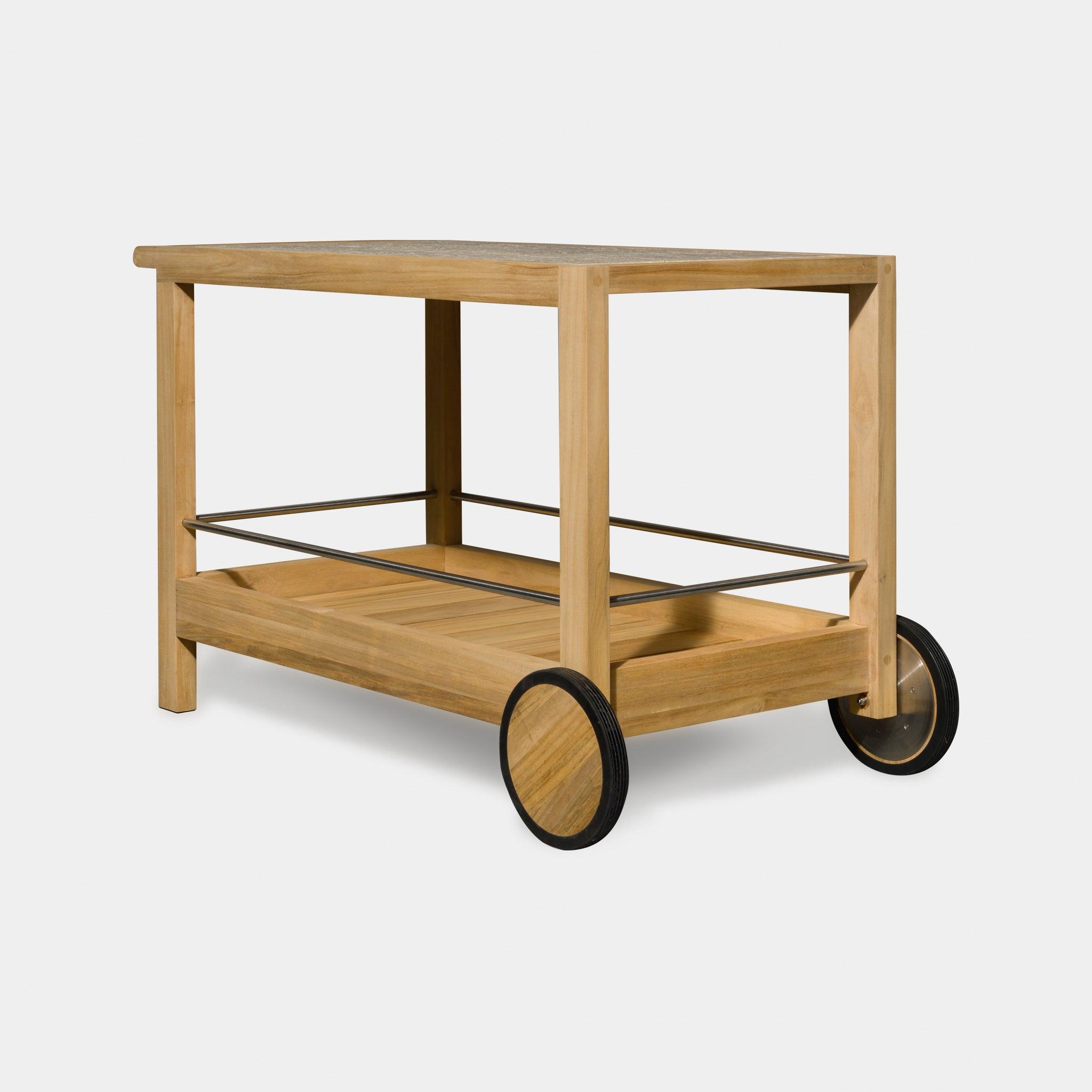 Harbour Tavola Teak Stone Bar Cart - Teak Natural, Travertine Cream