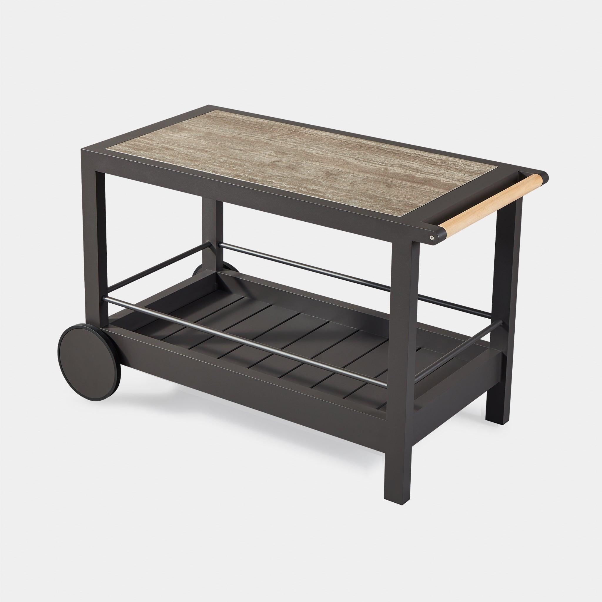 Harbour Tavola Stone Bar Cart - Aluminum Asteroid, Travertine Dark Gray