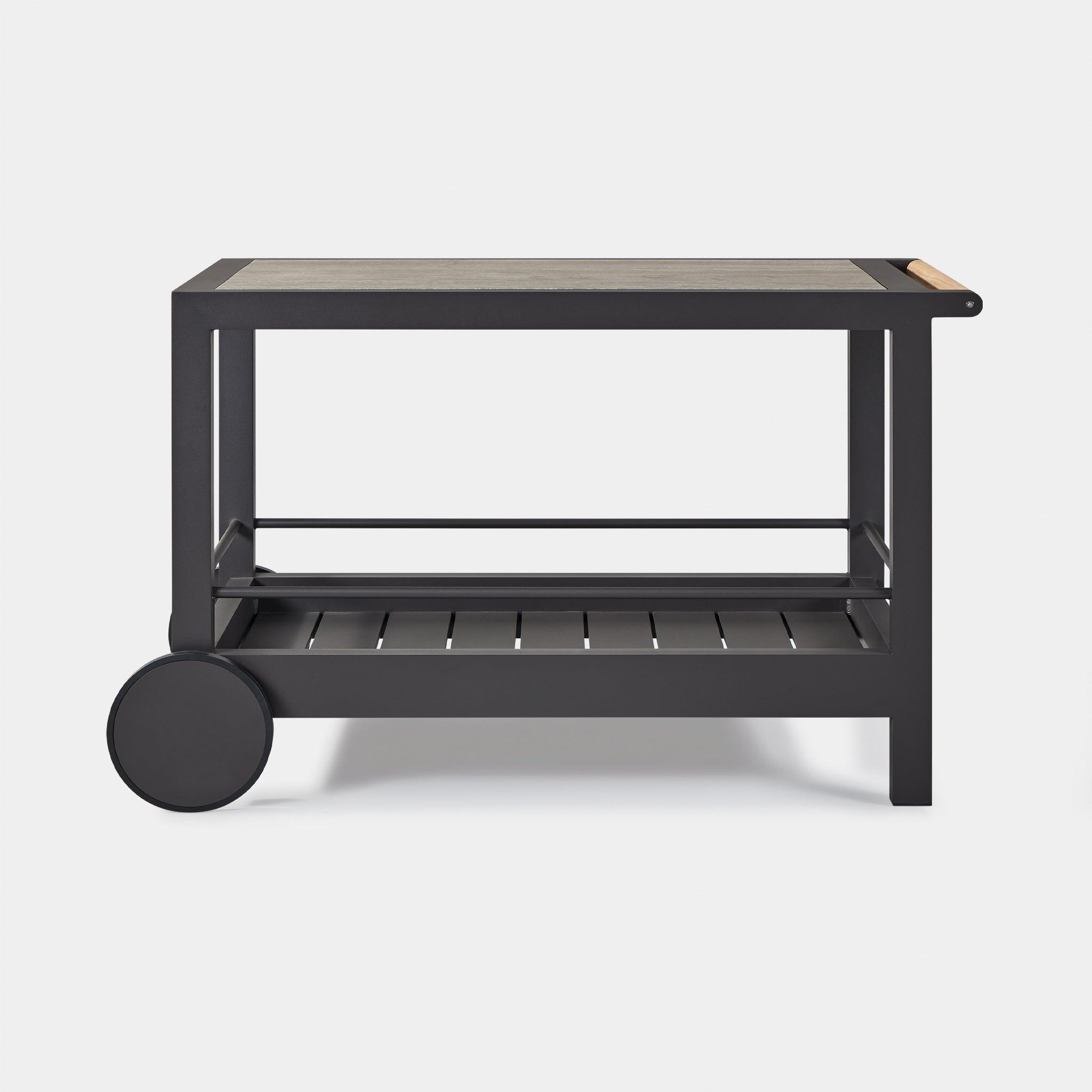 Harbour Tavola Stone Bar Cart - Aluminum Asteroid, Travertine Dark Gray