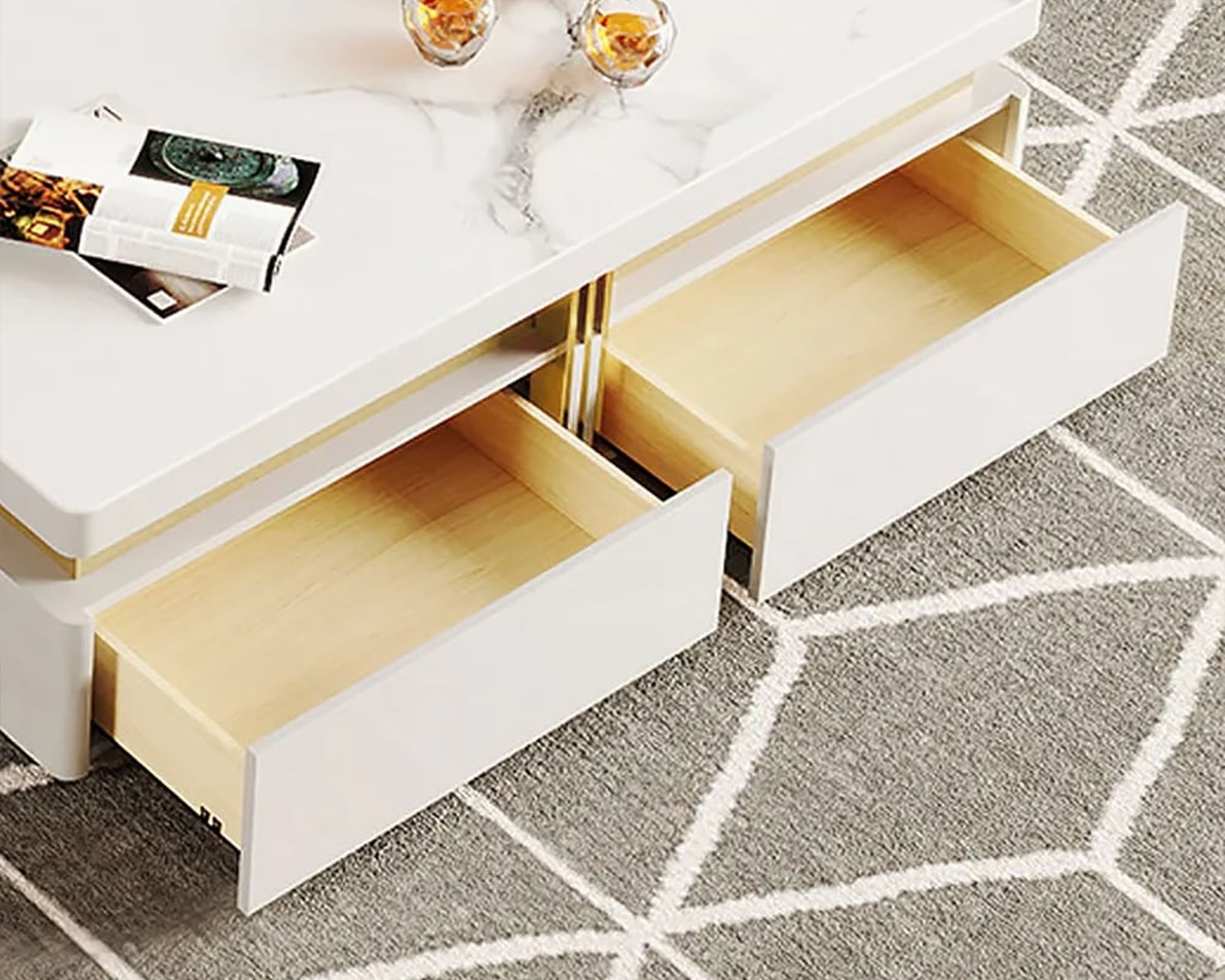 HMR Trimied Modern Square Storage Coffee Table Stone Top with 4 Wood Drawers - White, 43"