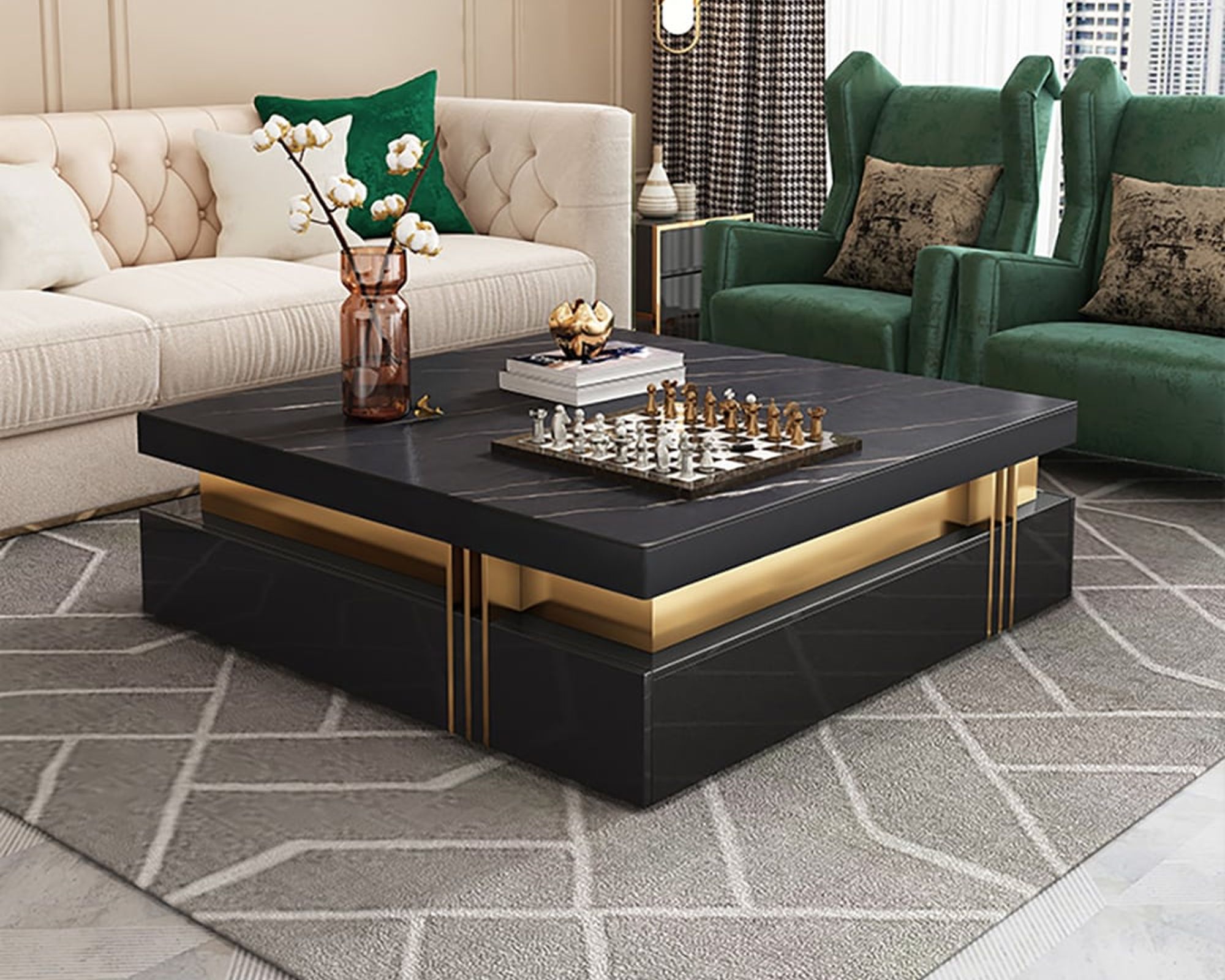 HMR Trimied Modern Square Storage Coffee Table Stone Top with 4 Wood Drawers - Black, 43"