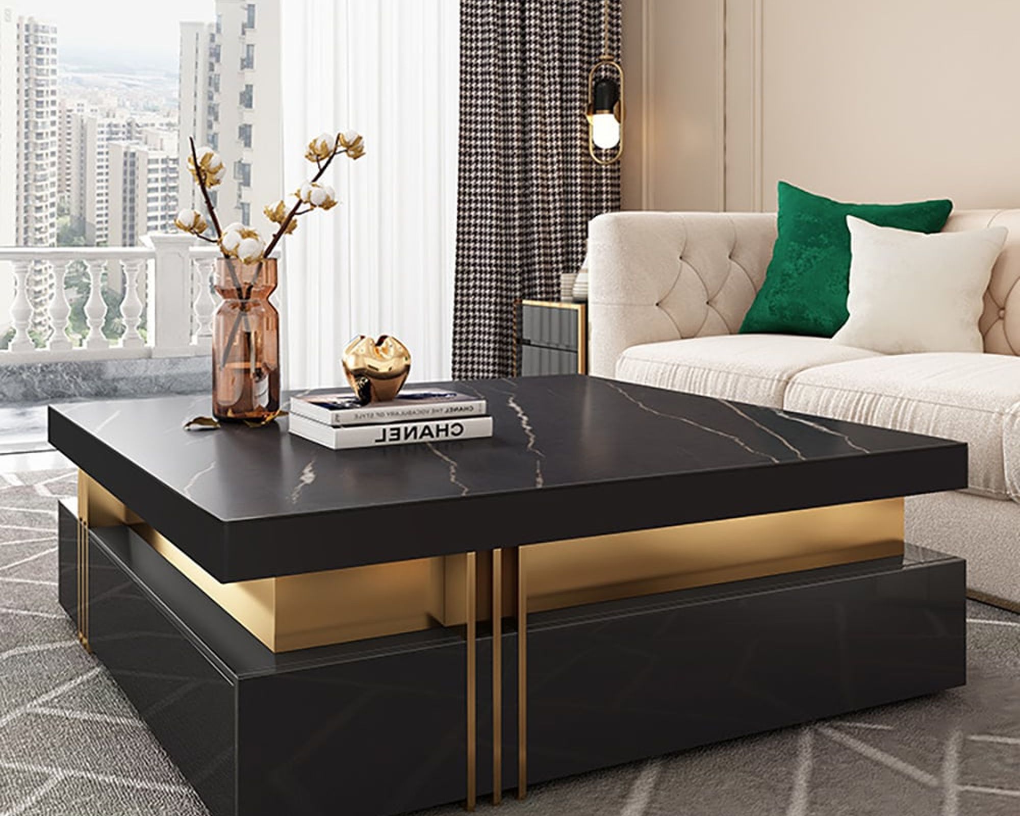 HMR Trimied Modern Square Storage Coffee Table Stone Top with 4 Wood Drawers - Black, 43"