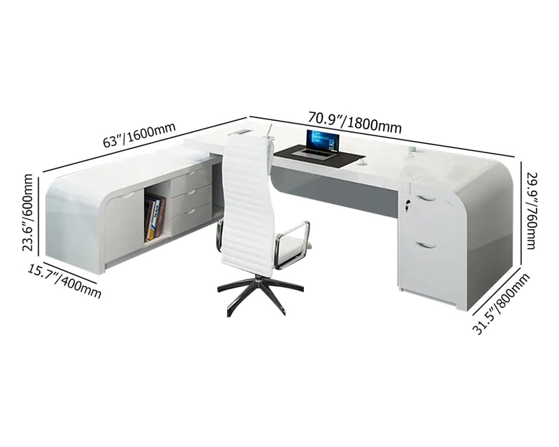 HMR Chicent L-shaped Modern Executive Desk with Ample Storage - White, 70.9"L x 63.0"W x 29.9"H, Left Hand