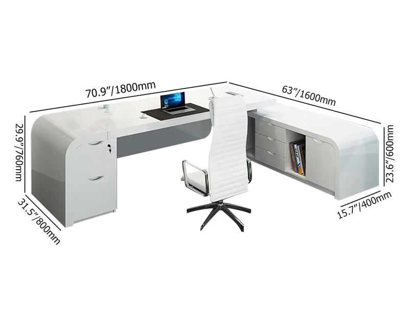 HMR Chicent L-shaped Modern Executive Desk with Ample Storage - White, 70.9"L x 63.0"W x 29.9"H, Right Hand