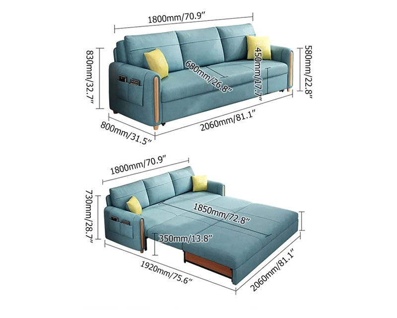 HMR 81" King 3-Seater Leath-aire Sleeper Sofa - Blue