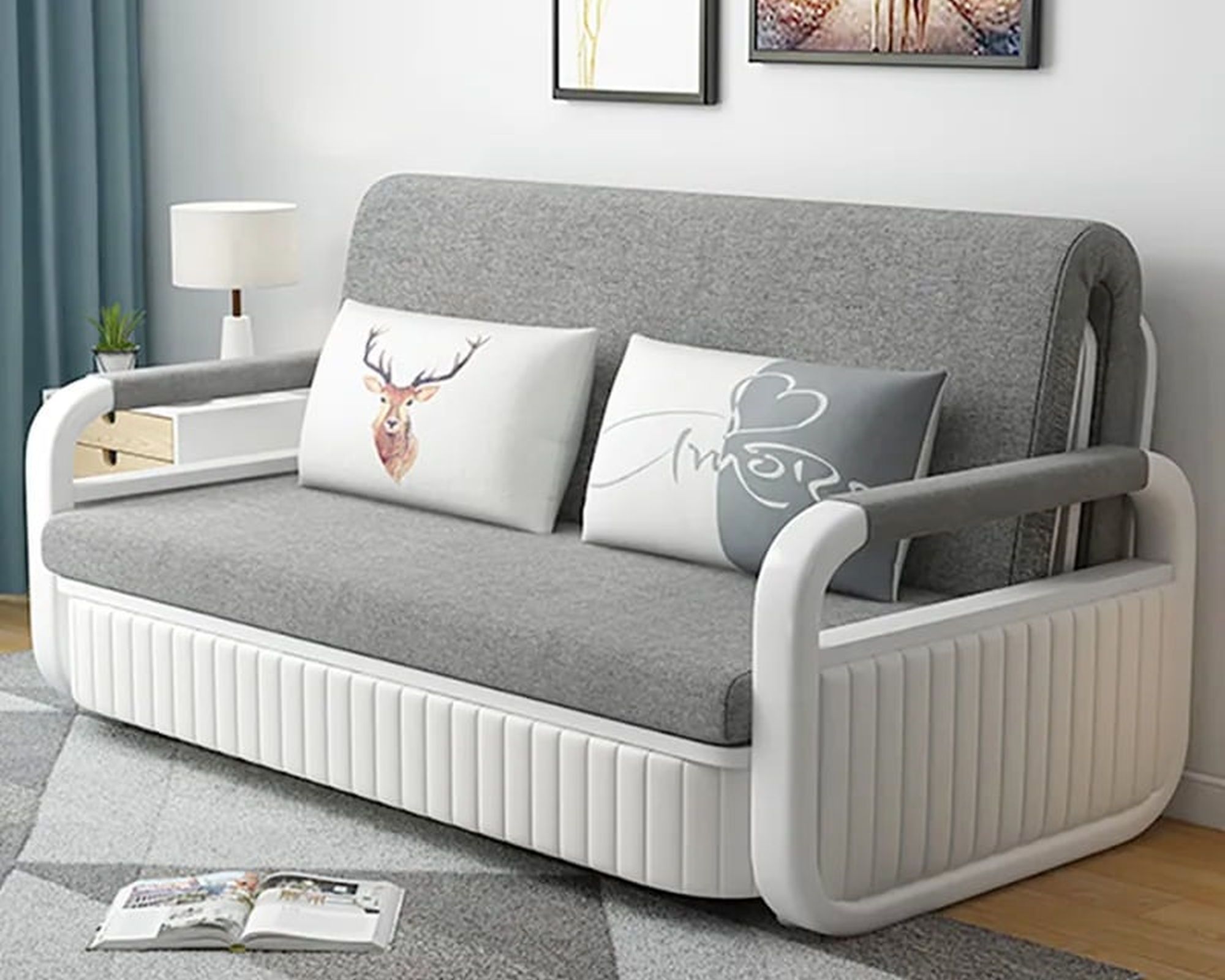 HMR 3-Seater Linen Sleeper Sofa with Trundle - Light Gray, King Size