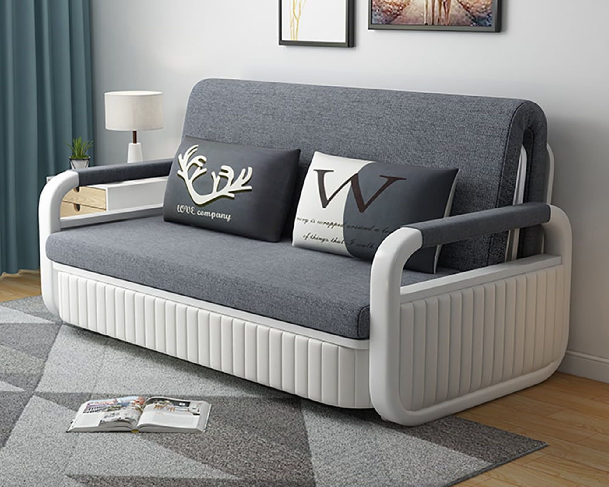 HMR 2-Seater Linen Sleeper Sofa with Trundle - Deep Gray, Queen Size