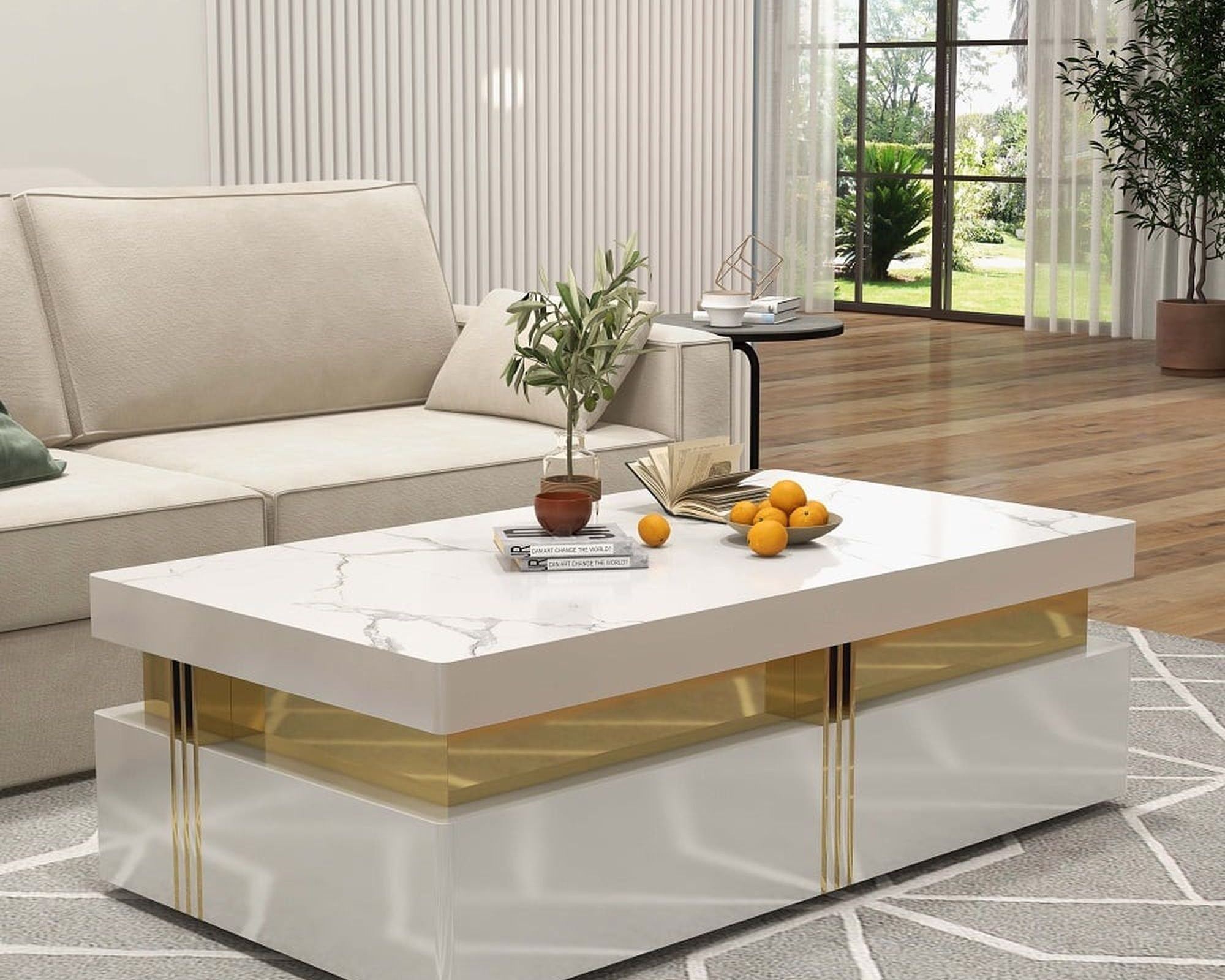 HMR Trimied Modern Wood Coffee Table with Storage Center Table with Stainless Steel Base - White