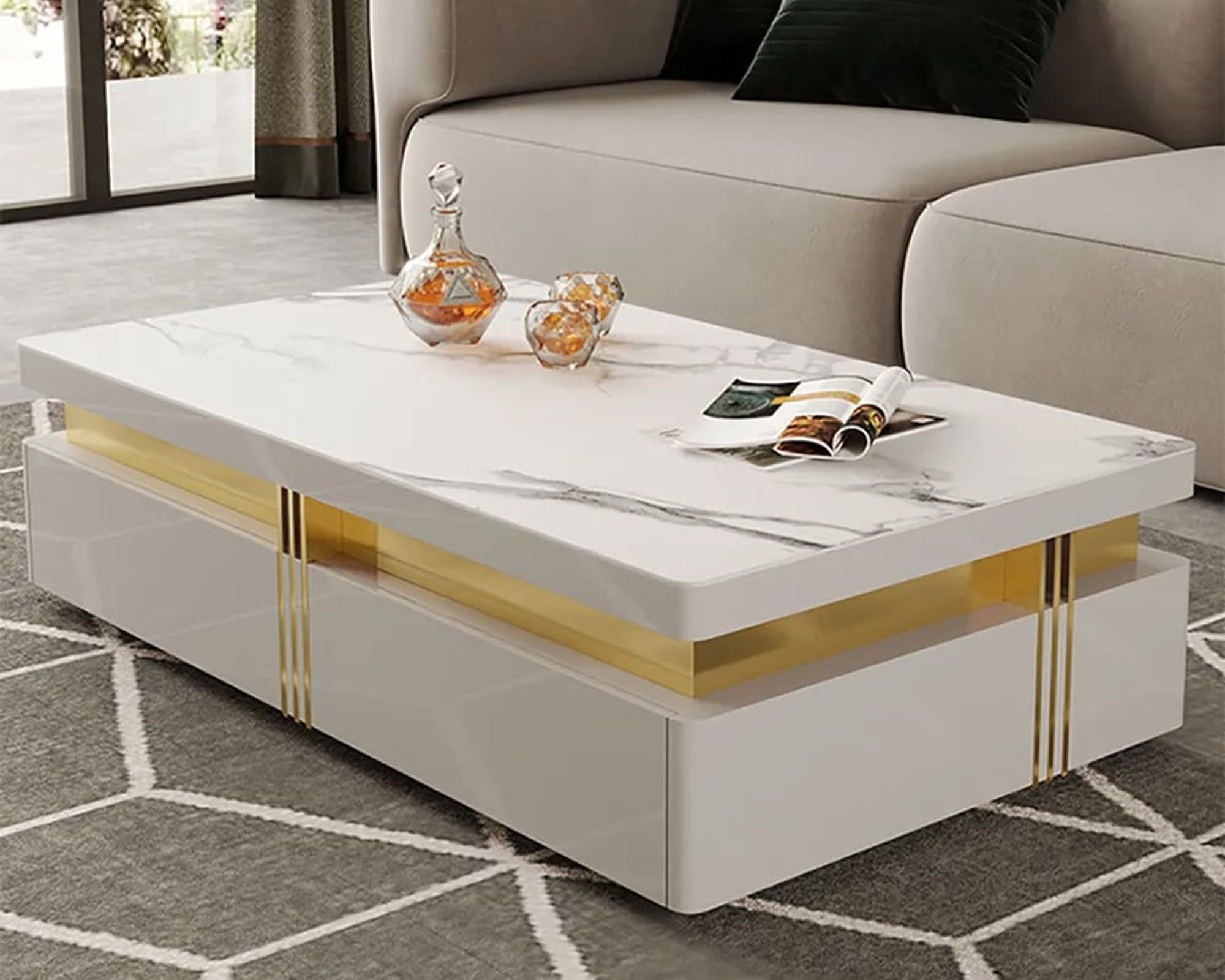 HMR Trimied Modern Wood Coffee Table with Storage Center Table with Stainless Steel Base - White