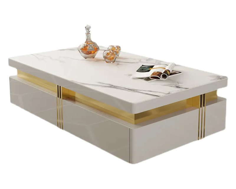 HMR Trimied Modern Wood Coffee Table with Storage Center Table with Stainless Steel Base - White