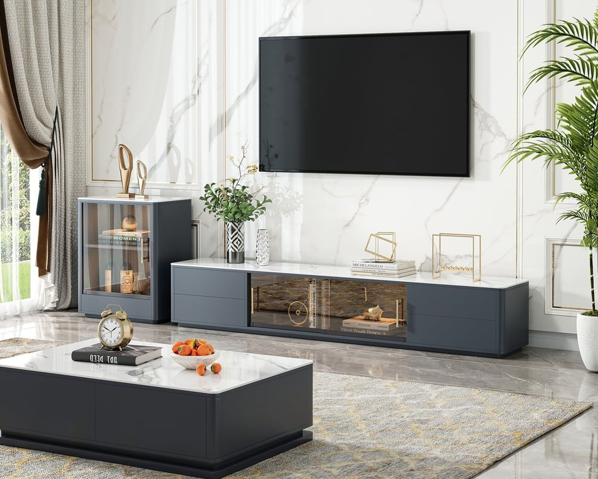 HMR Modern Wood Rectangle TV Stand Sintered Stone Top 4-Drawer Glass Doors Media Console - Dark Gray, Large