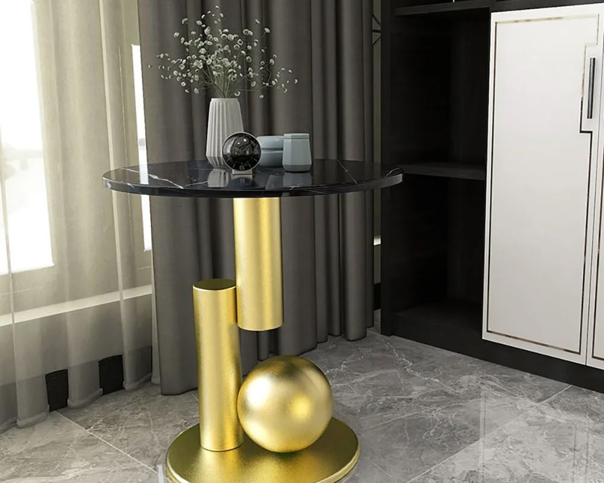 HMR Modern Round End Table with Abstract Metal Base