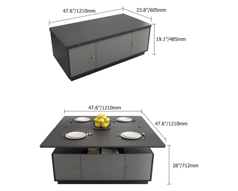 HMR Modern Multi-functional Rectangle Lift-top Coffee Table Extendable with Storage - Gray