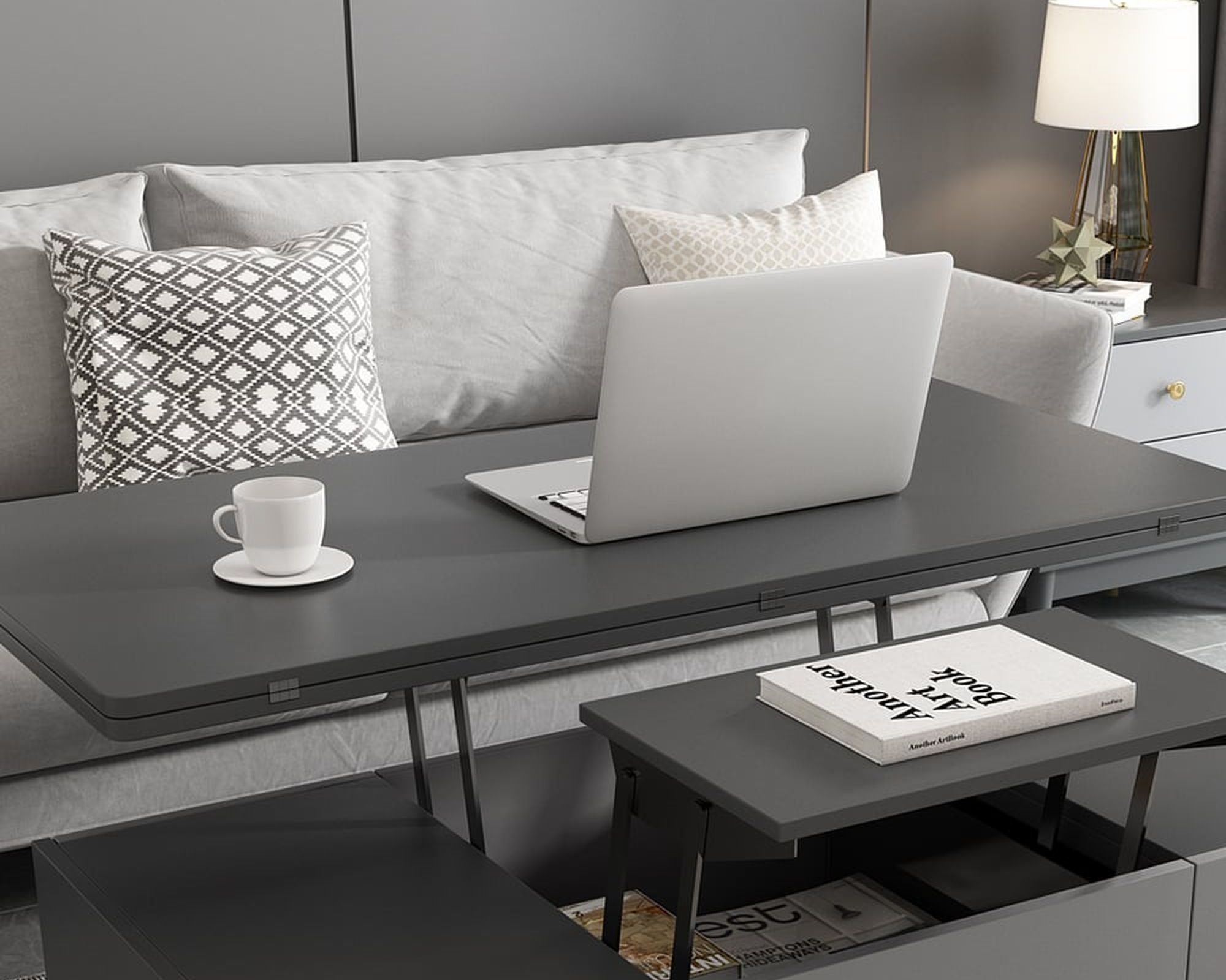 HMR Modern Multi-functional Rectangle Lift-top Coffee Table Extendable with Storage - Gray