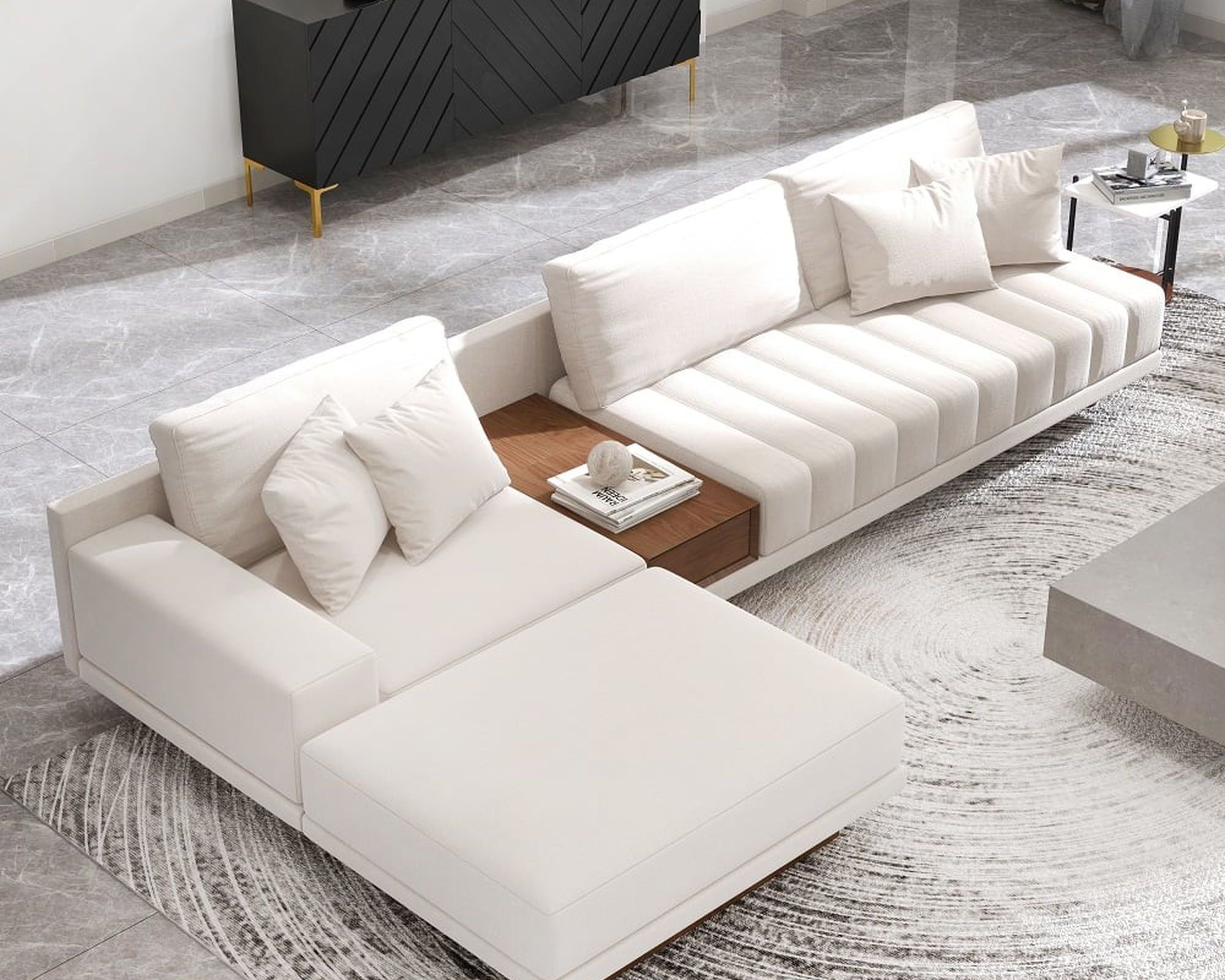 HMR 126" L-Shaped Modular Sectional with Chaise & Ottoman - Off-White, Linen