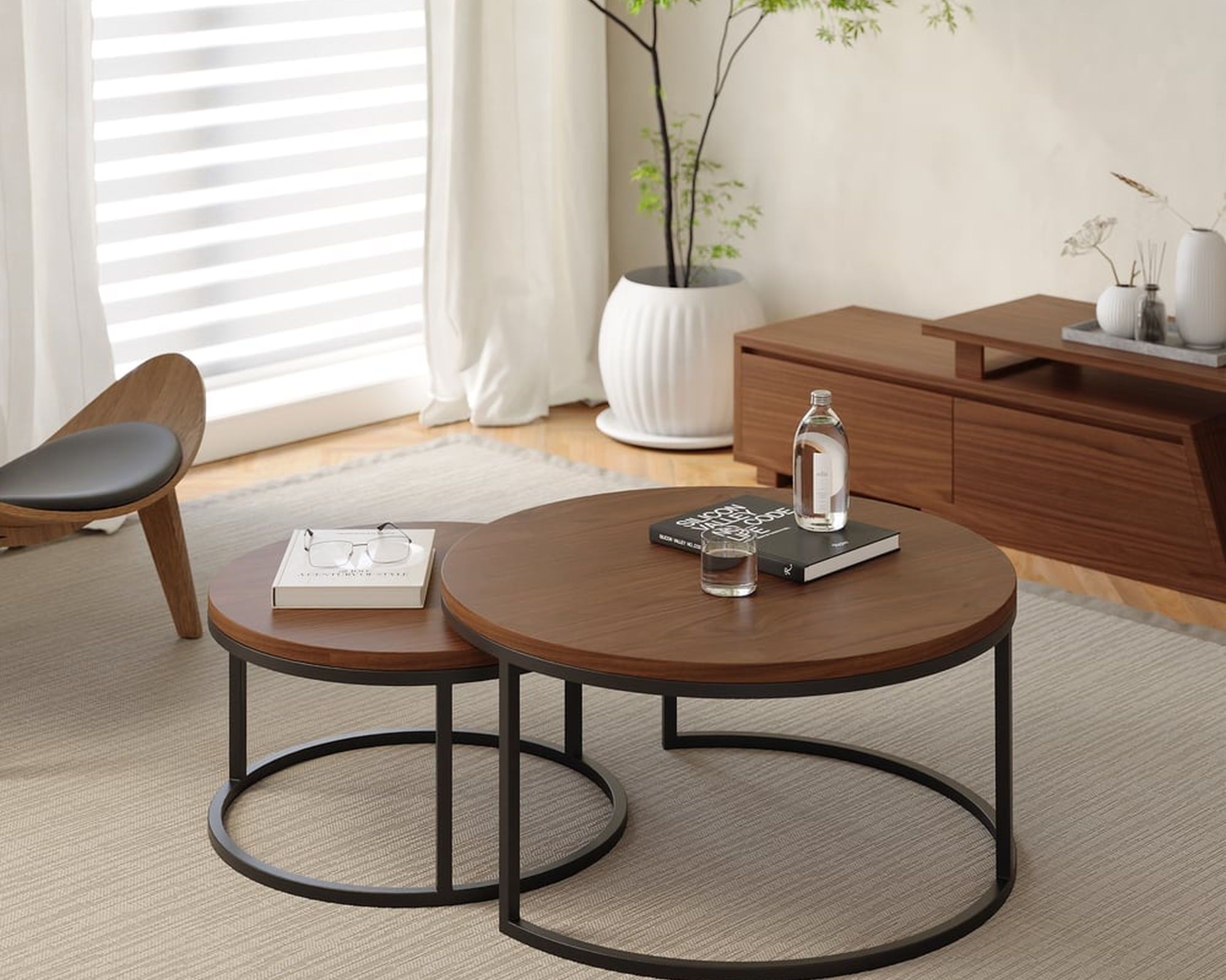 HMR Fero Round Nesting Coffee Table Set (24"-32") - Walnut/Black, MDF