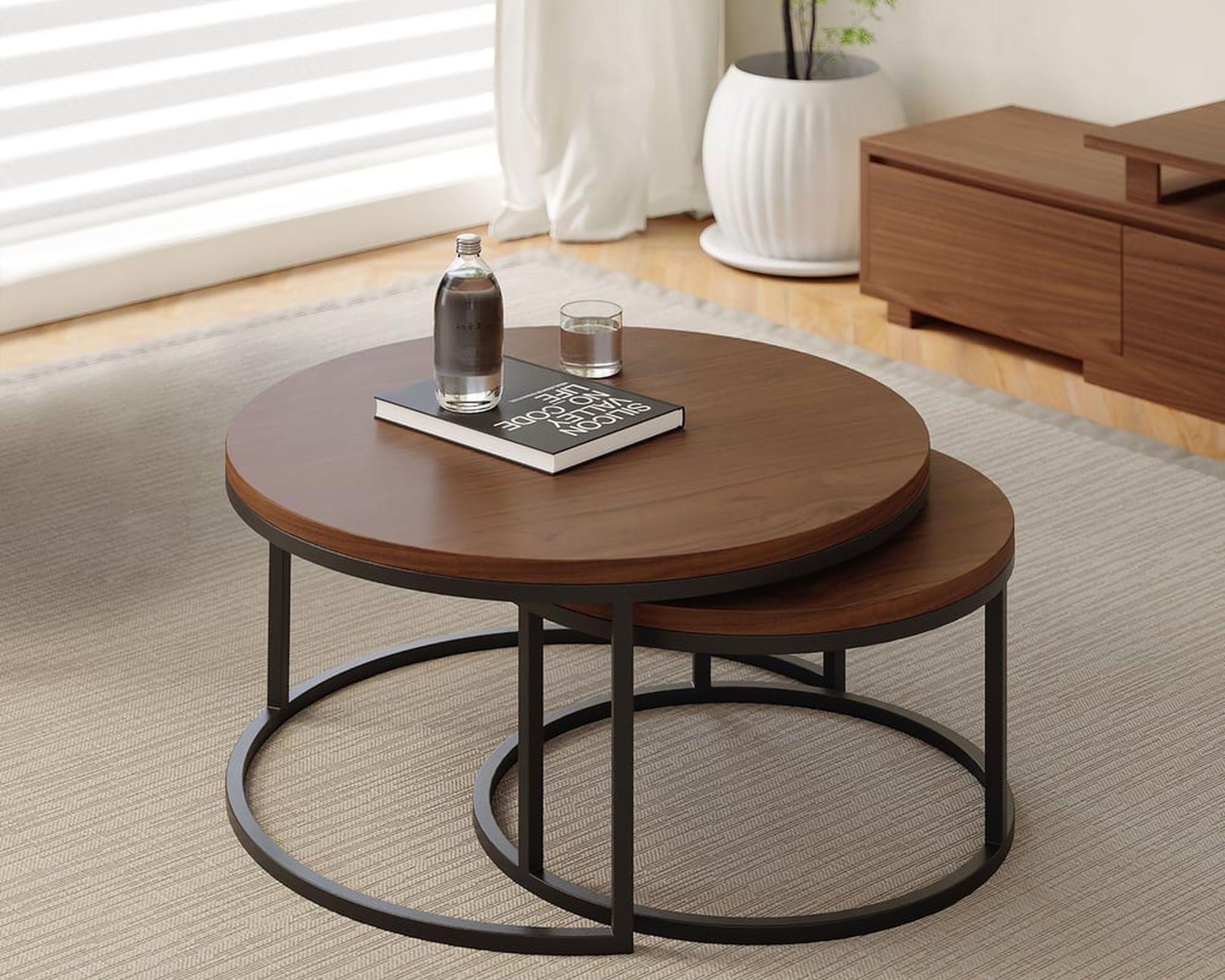 HMR Fero Round Nesting Coffee Table Set (24"-32") - Walnut/Black, MDF