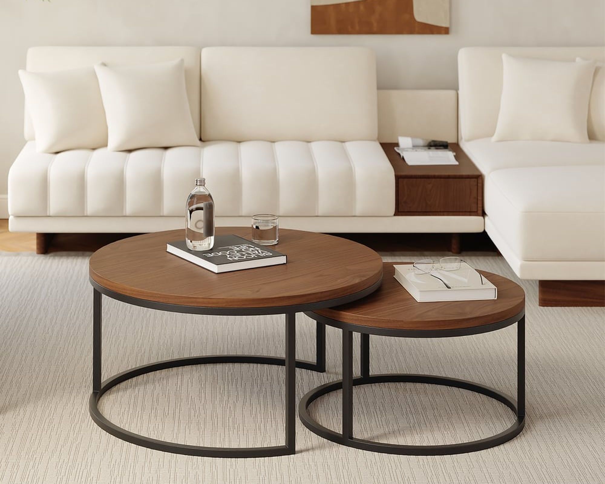 HMR Fero Round Nesting Coffee Table Set (24"-32") - Walnut/Black, MDF