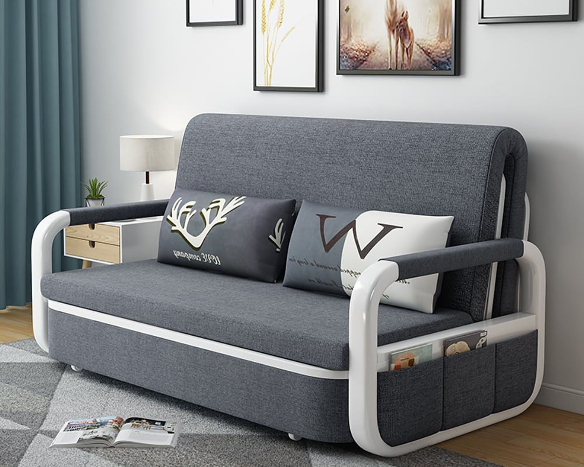 HMR 62" Queen 2-Seater Linen Convertible Sleeper Sofa - Deep Gray