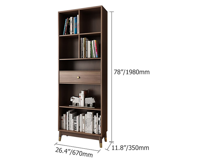 HMR Ultic Modern Walnut Bookshelf Bookcase with Metal Frame and Drawer - 78"