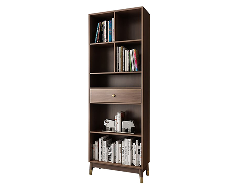 HMR Ultic Modern Walnut Bookshelf Bookcase with Metal Frame and Drawer - 78"