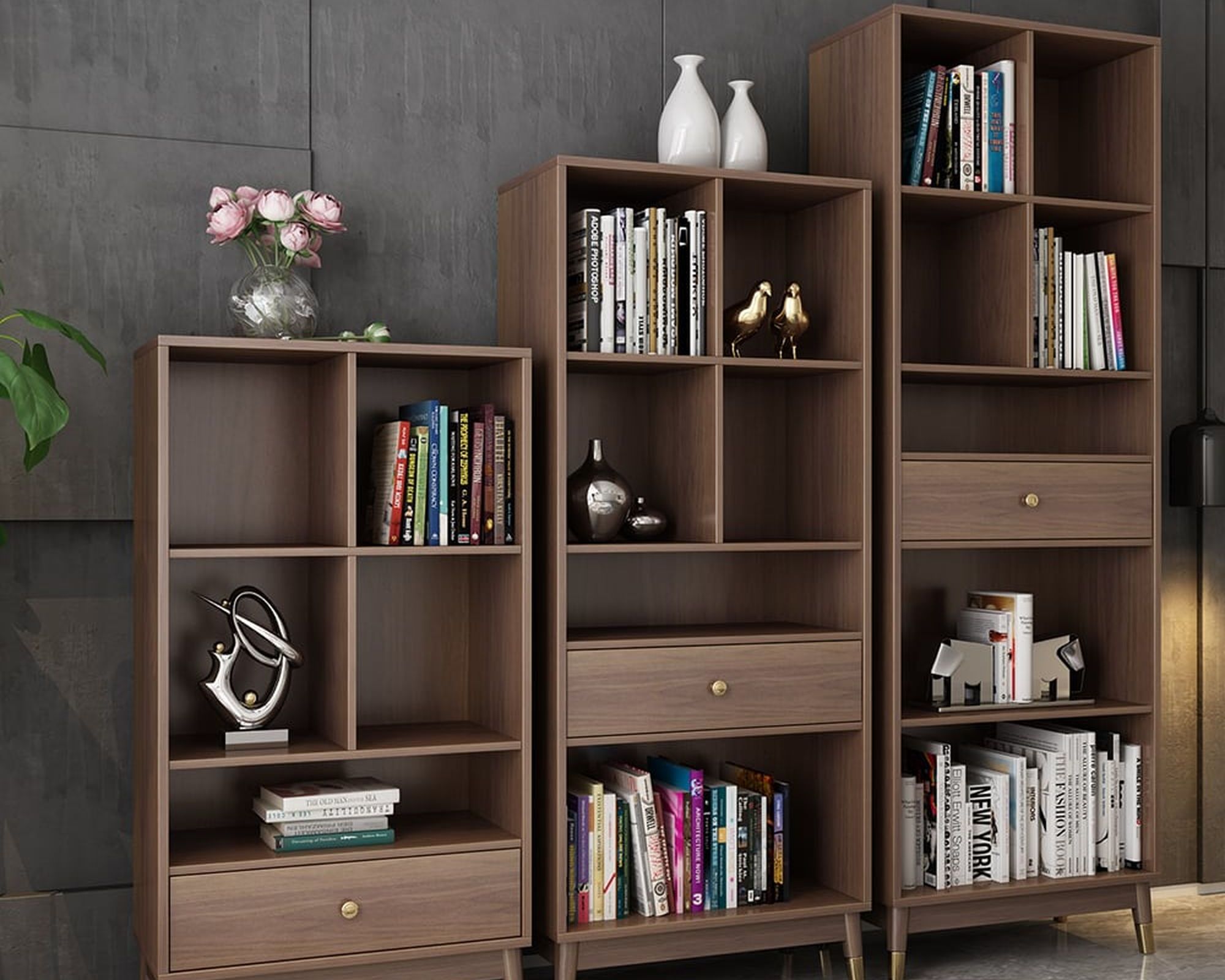 HMR Ultic Modern Walnut Bookshelf Bookcase with Metal Frame and Drawer