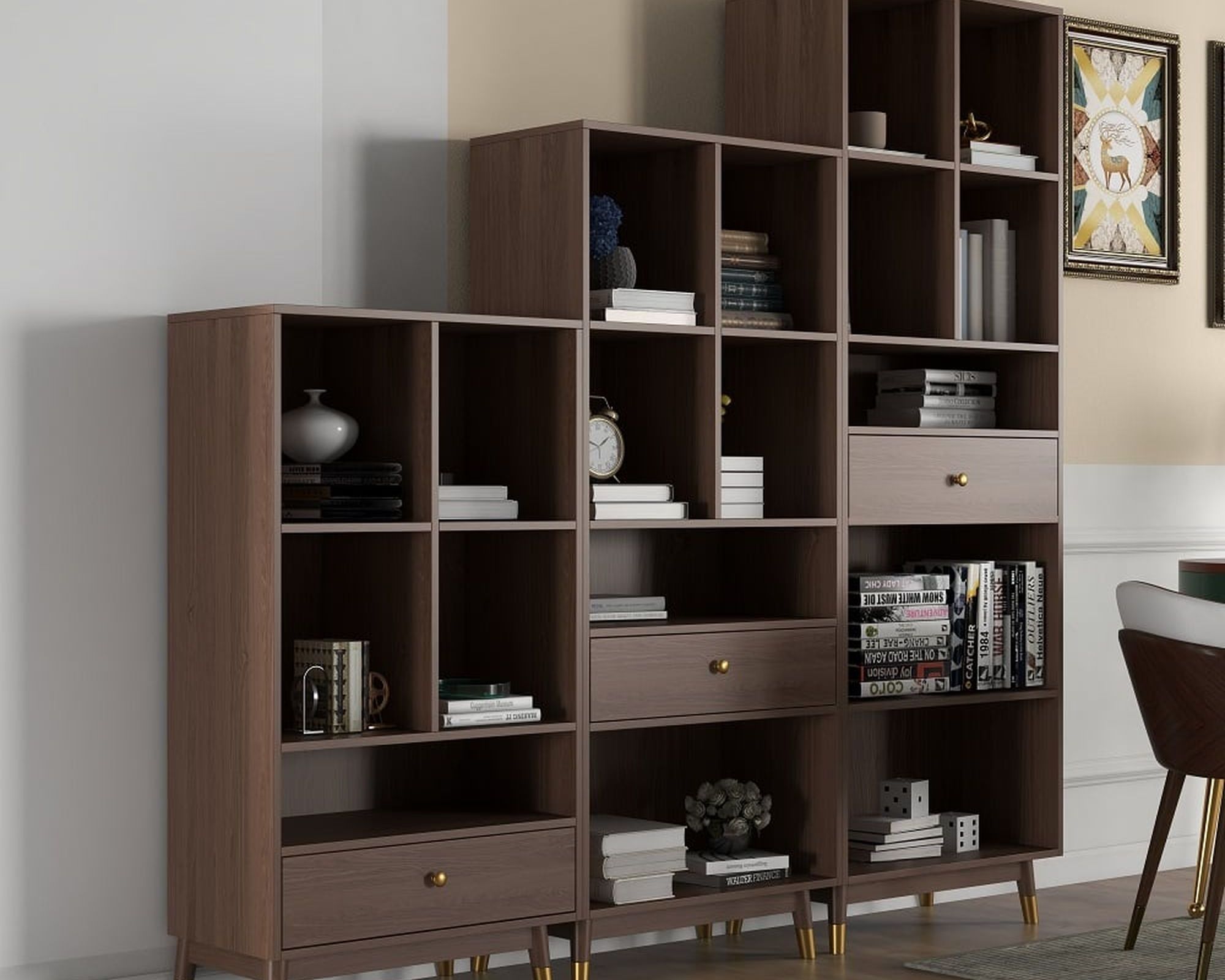 HMR Ultic Modern Walnut Bookshelf Bookcase with Metal Frame and Drawer - 49.2"