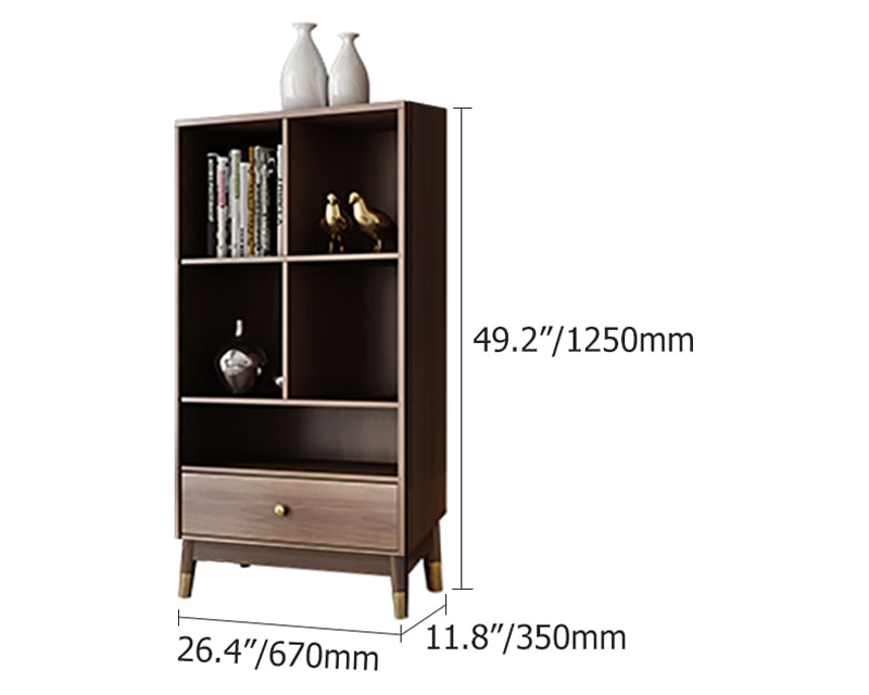 HMR Ultic Modern Walnut Bookshelf Bookcase with Metal Frame and Drawer - 49.2"