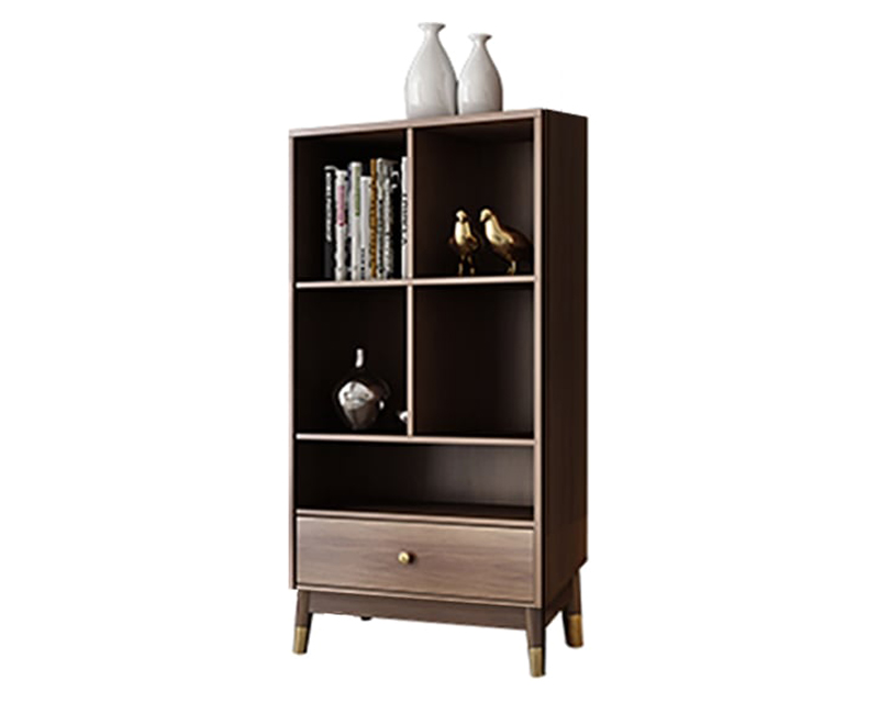 HMR Ultic Modern Walnut Bookshelf Bookcase with Metal Frame and Drawer - 49.2"