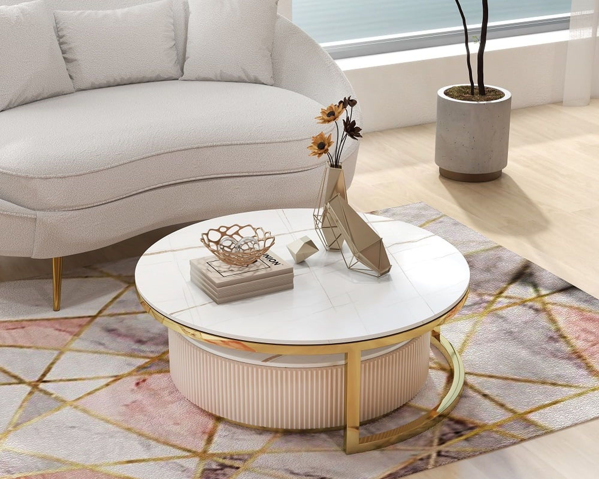 HMR Round 2-Piece Sintered Stone Top Nesting Coffee Table with Drawer - White/Gold