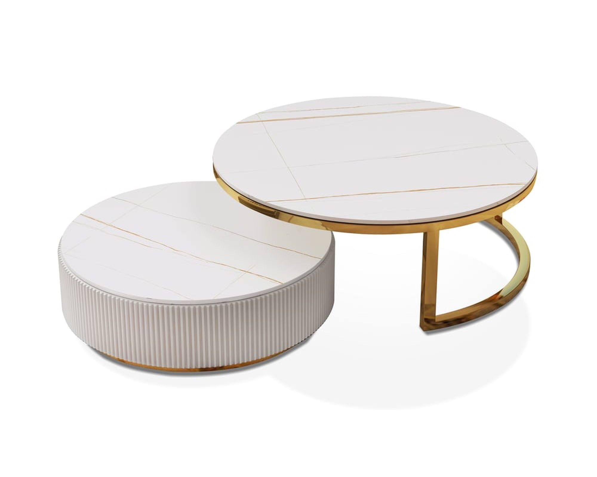 HMR Round 2-Piece Sintered Stone Top Nesting Coffee Table with Drawer - White/Gold