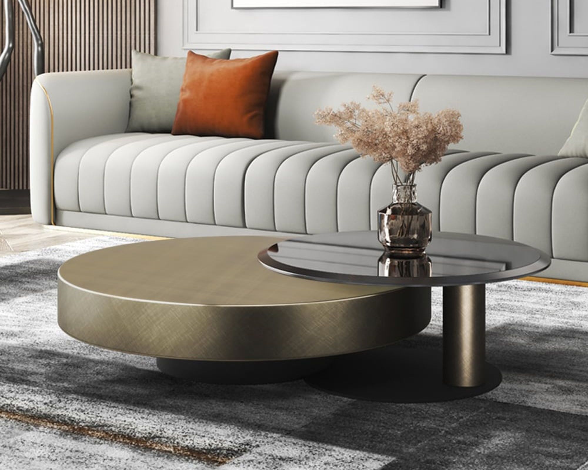 HMR Modern 2-Piece Round Nesting Coffee Table Set with Tempered Glass Top - Gold/Black, 39.4"