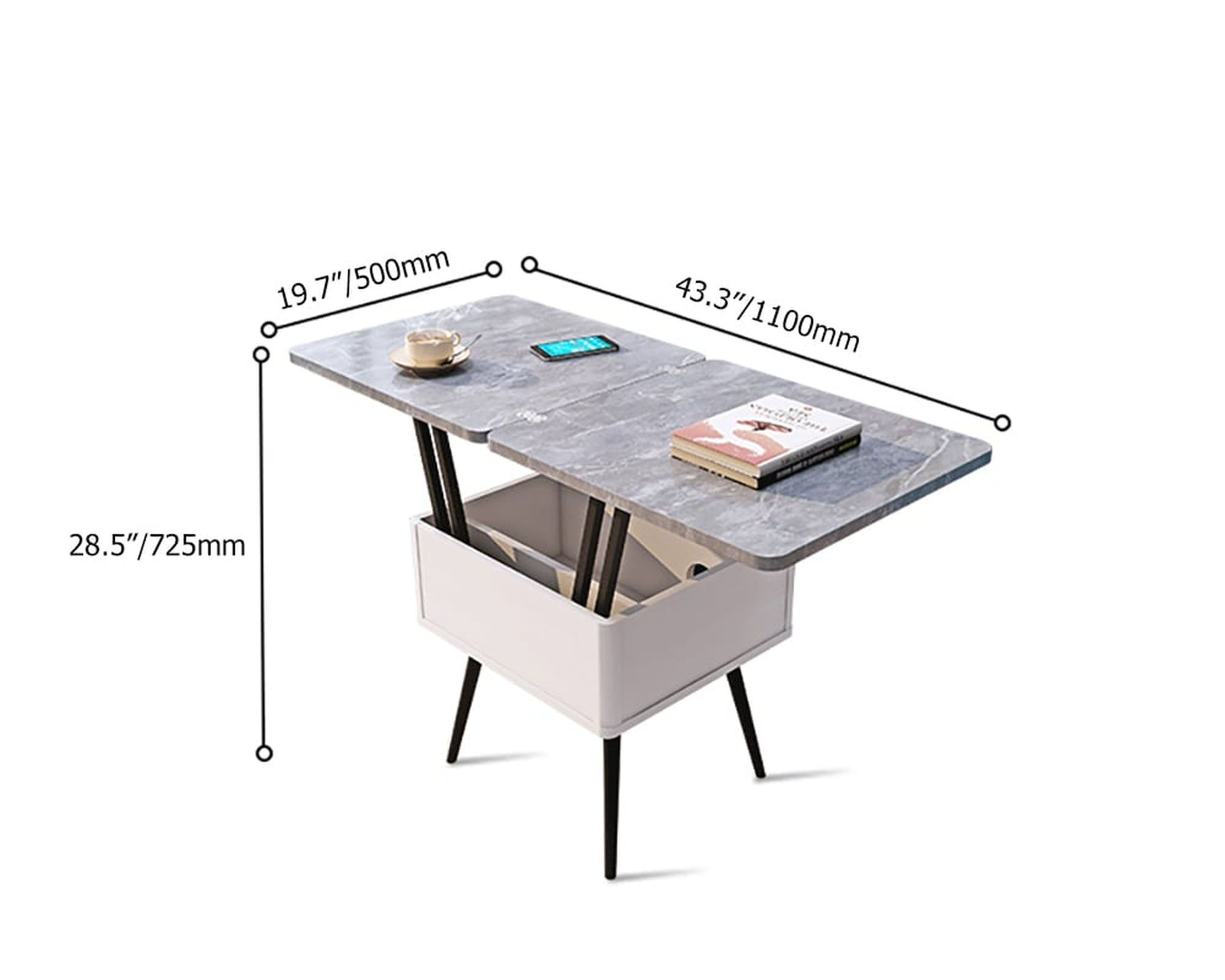 HMR - Lift Top Coffee Table with Storage MDF Top and Carbon Steel Base Extendable in Gray