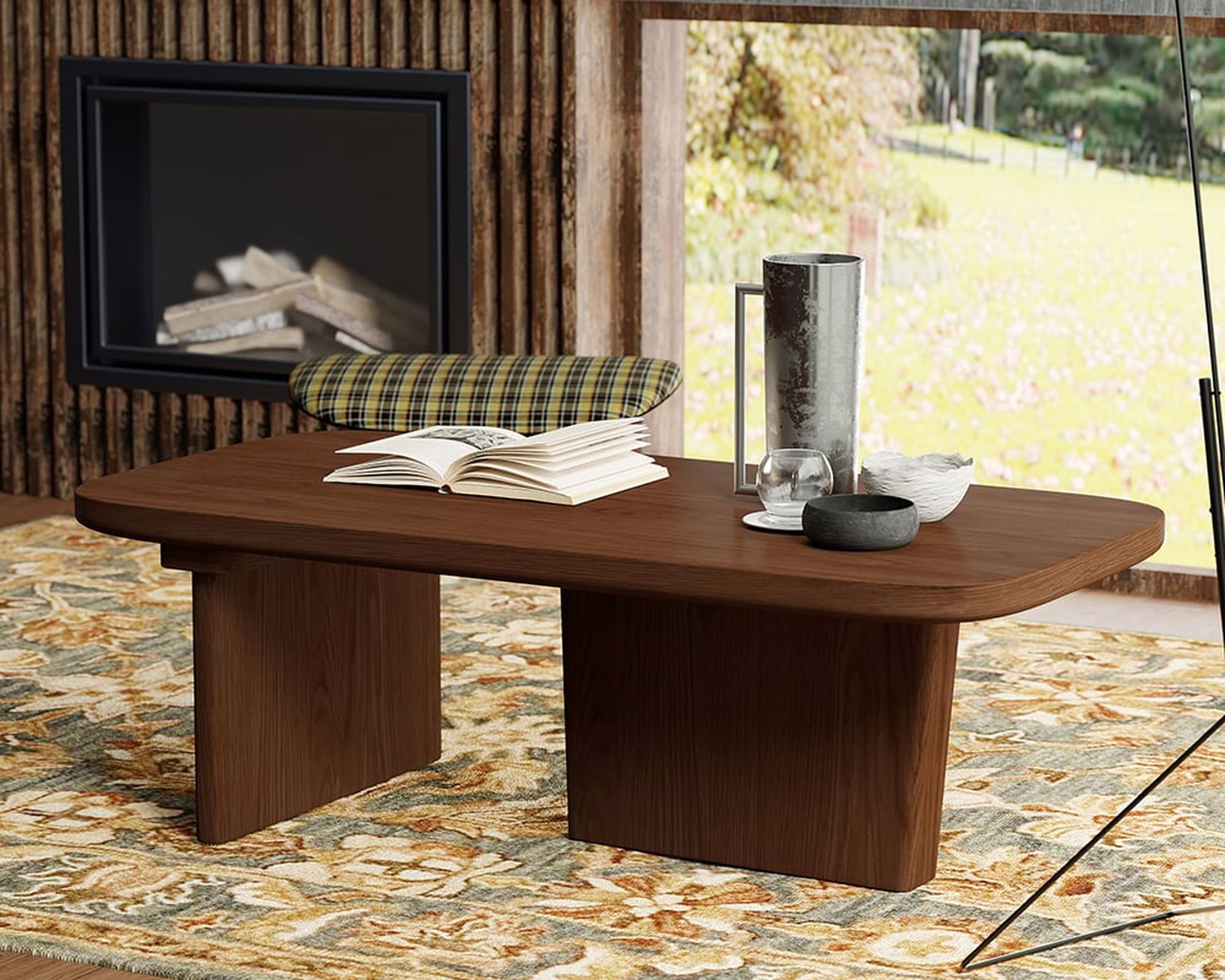 HMR Rectangular Coffee Table with Abstract Base - Walnut