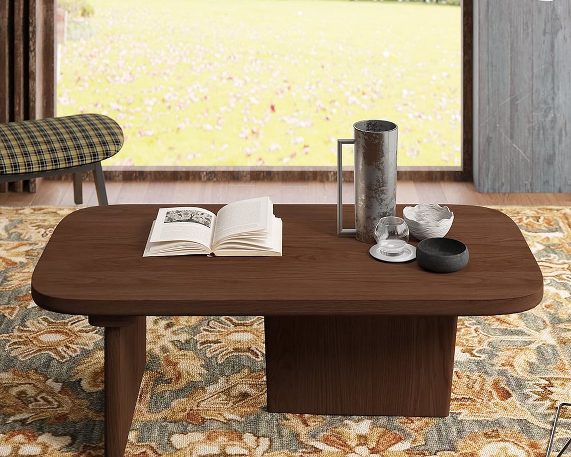 HMR Rectangular Coffee Table with Abstract Base - Walnut