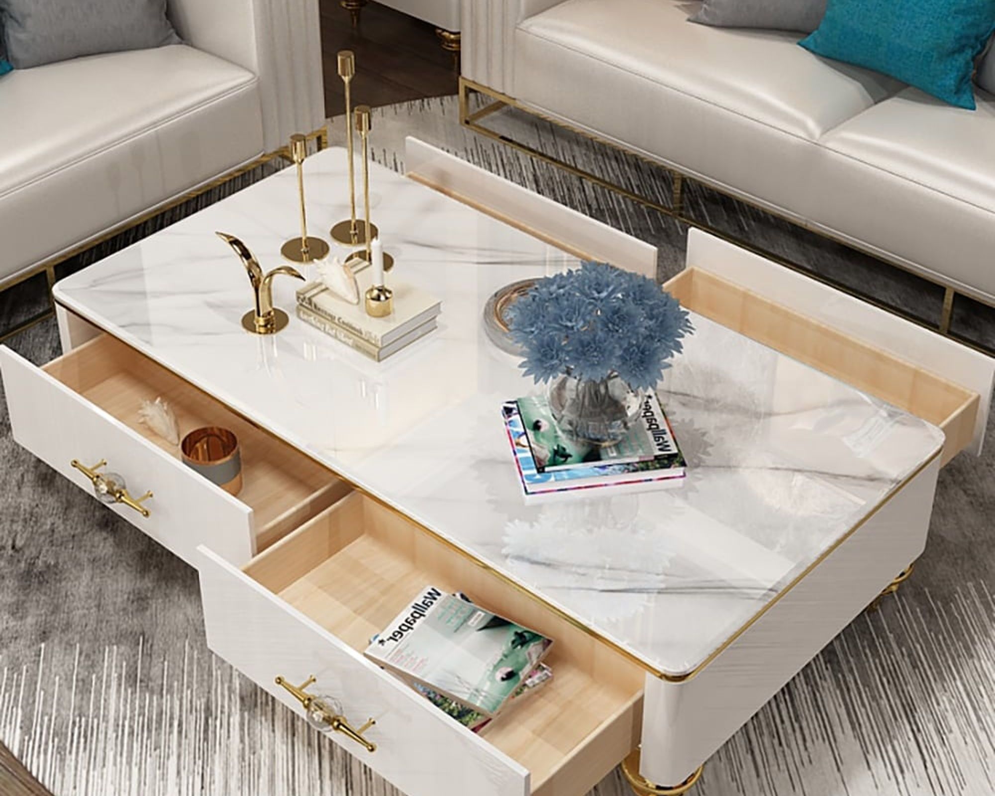 HMR Chift 51" Modern Marble Coffee Table & Storage Drawers Gold Stainless Steel Legs - White