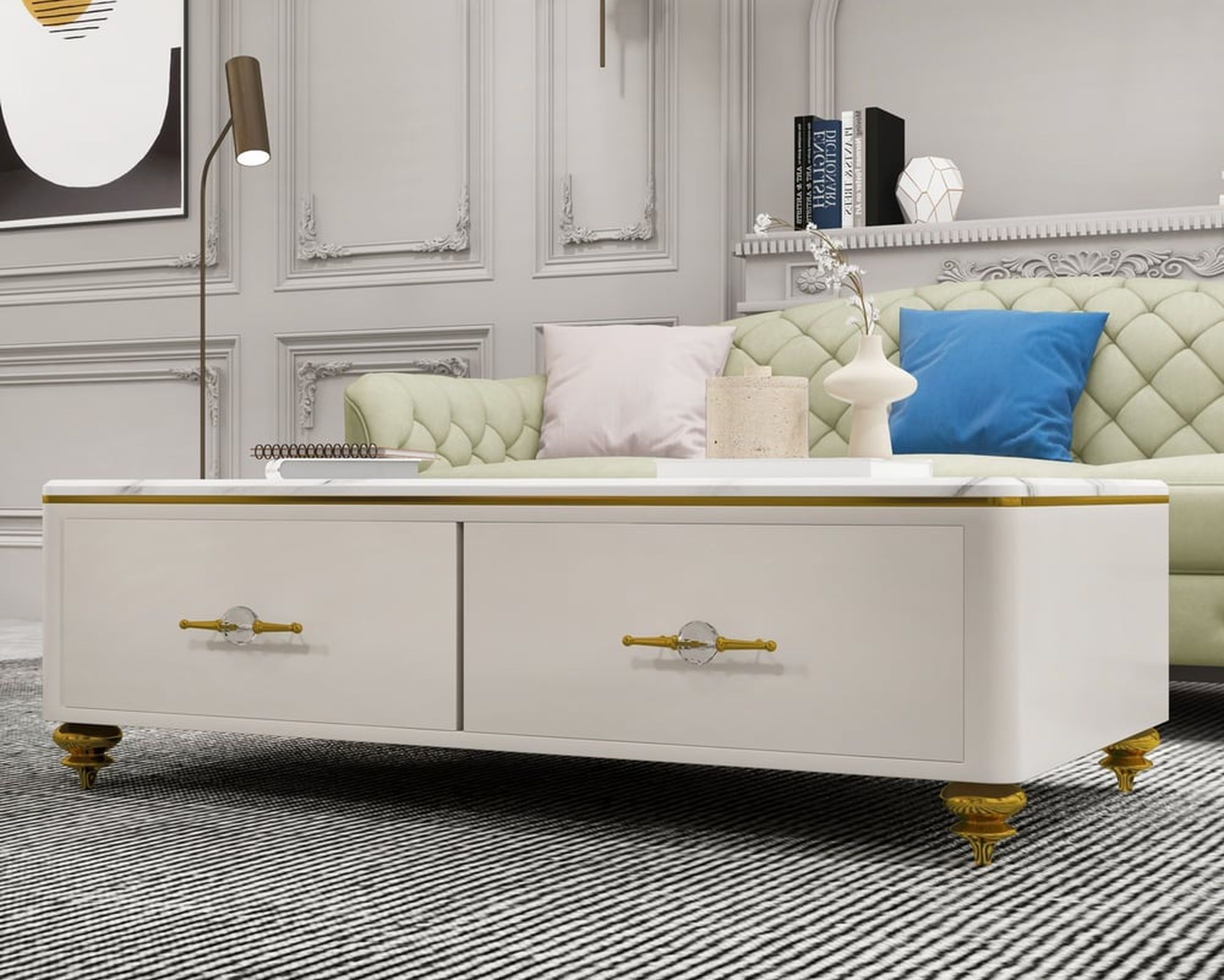 HMR Chift 51" Modern Marble Coffee Table & Storage Drawers Gold Stainless Steel Legs - White